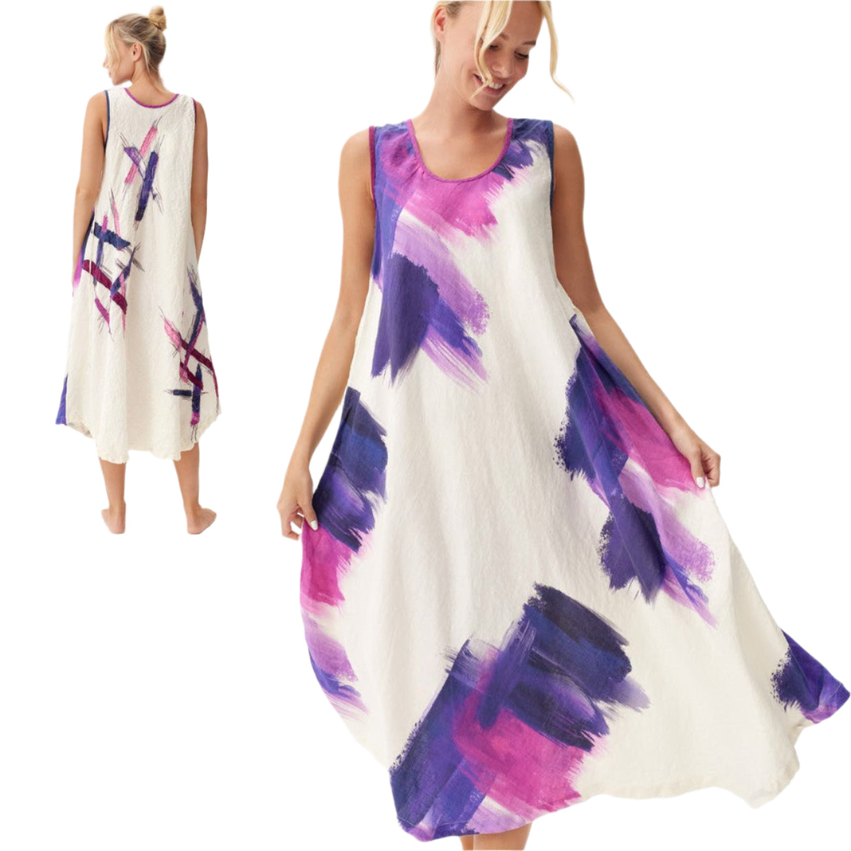 Mara Gibbucci Dress, Sleeveless, White/Purple/Fuschia/Blue S