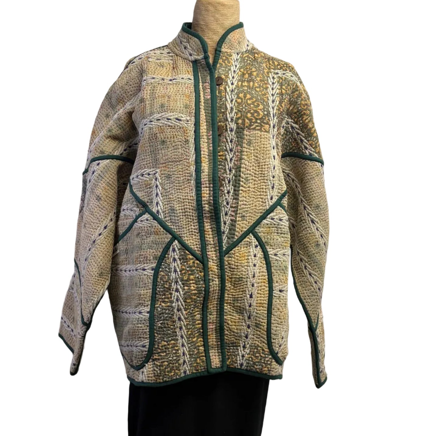 NAMAI Kantha Jacket, Reversible, Ladhiya Patchwork, Tan/Green/Red, M/L