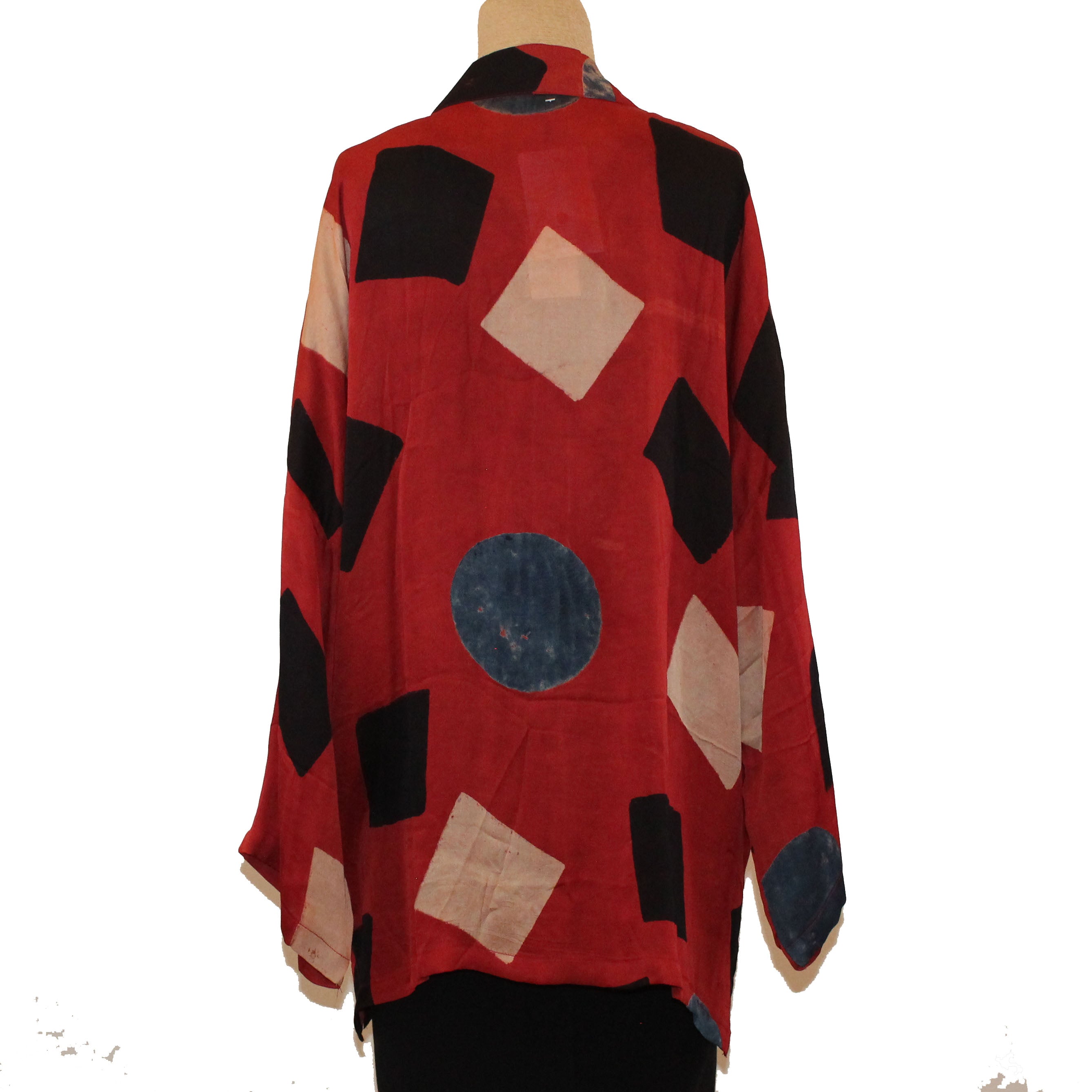 Sudarshan Kimono, Hand-Block Printed Squares, Red/Black/Blue/Beige, M