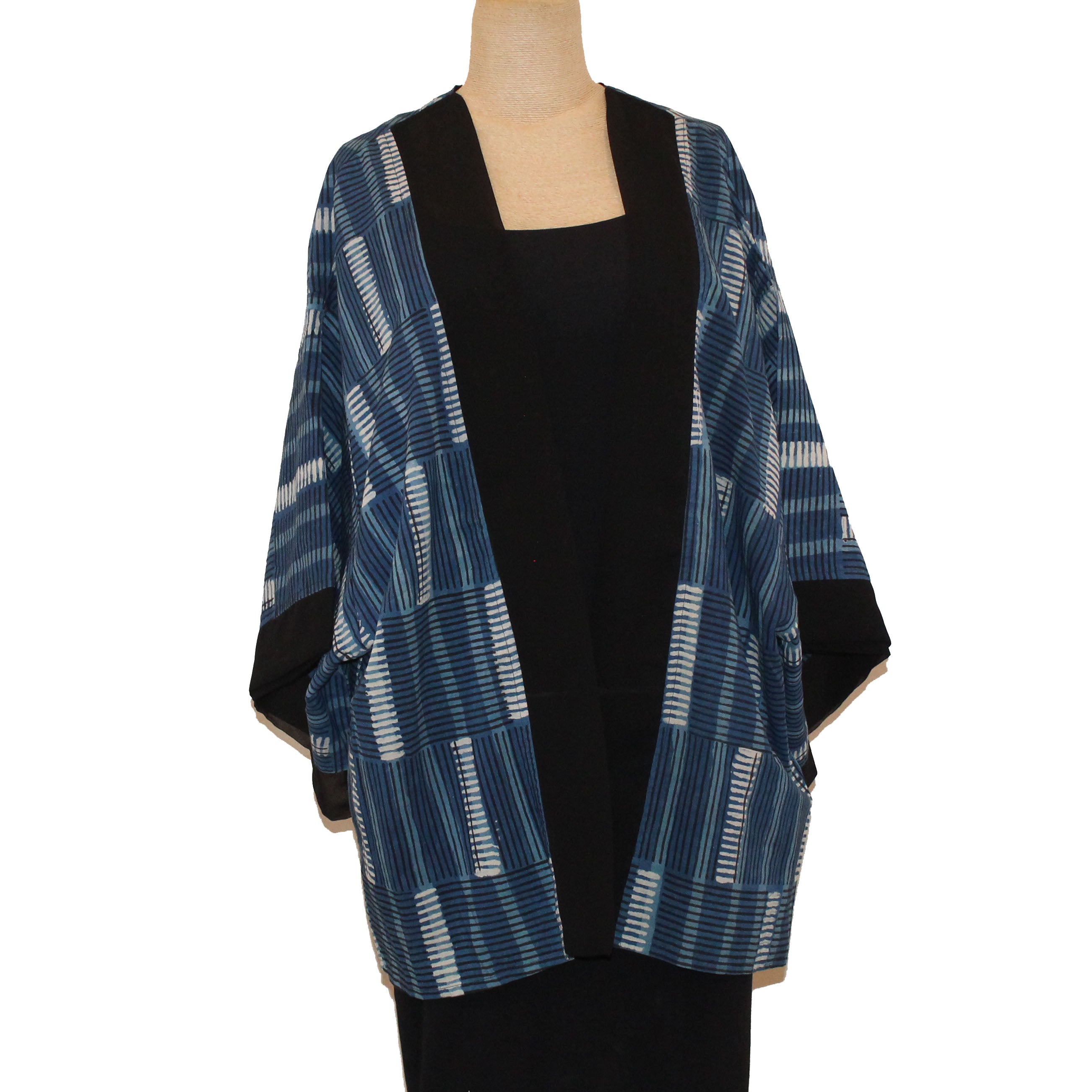 Sudarshan Kimono, Hand Block Printed Indigo, Blue/Black/White, L
