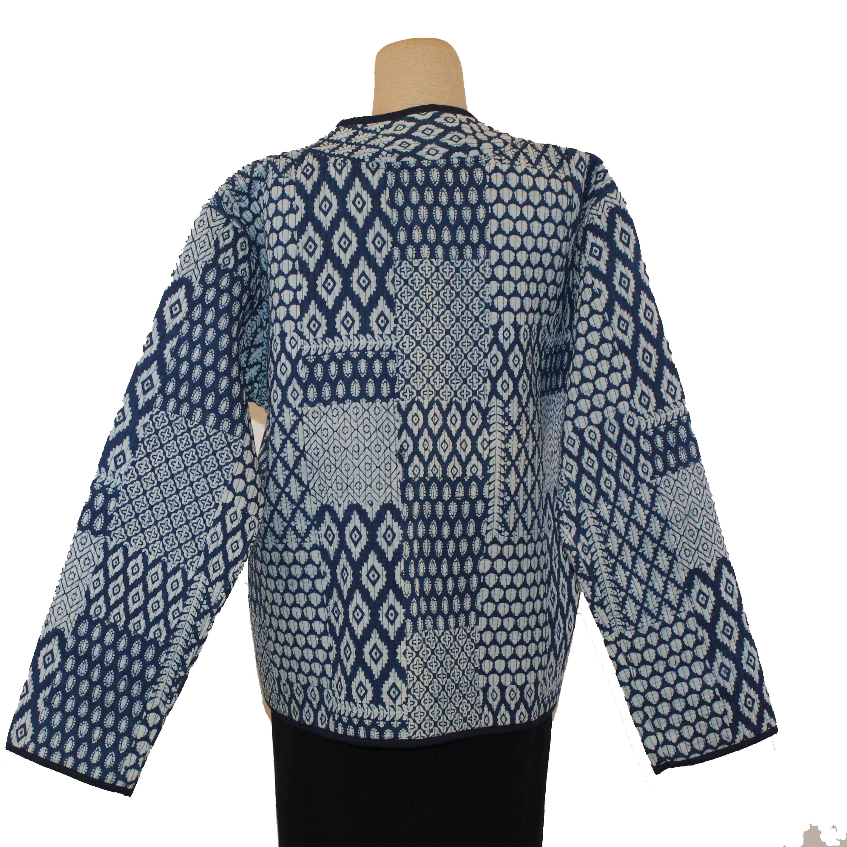 Sudarshan Short Quilted Jacket, Indigo, Hand-Printed Designs S/M