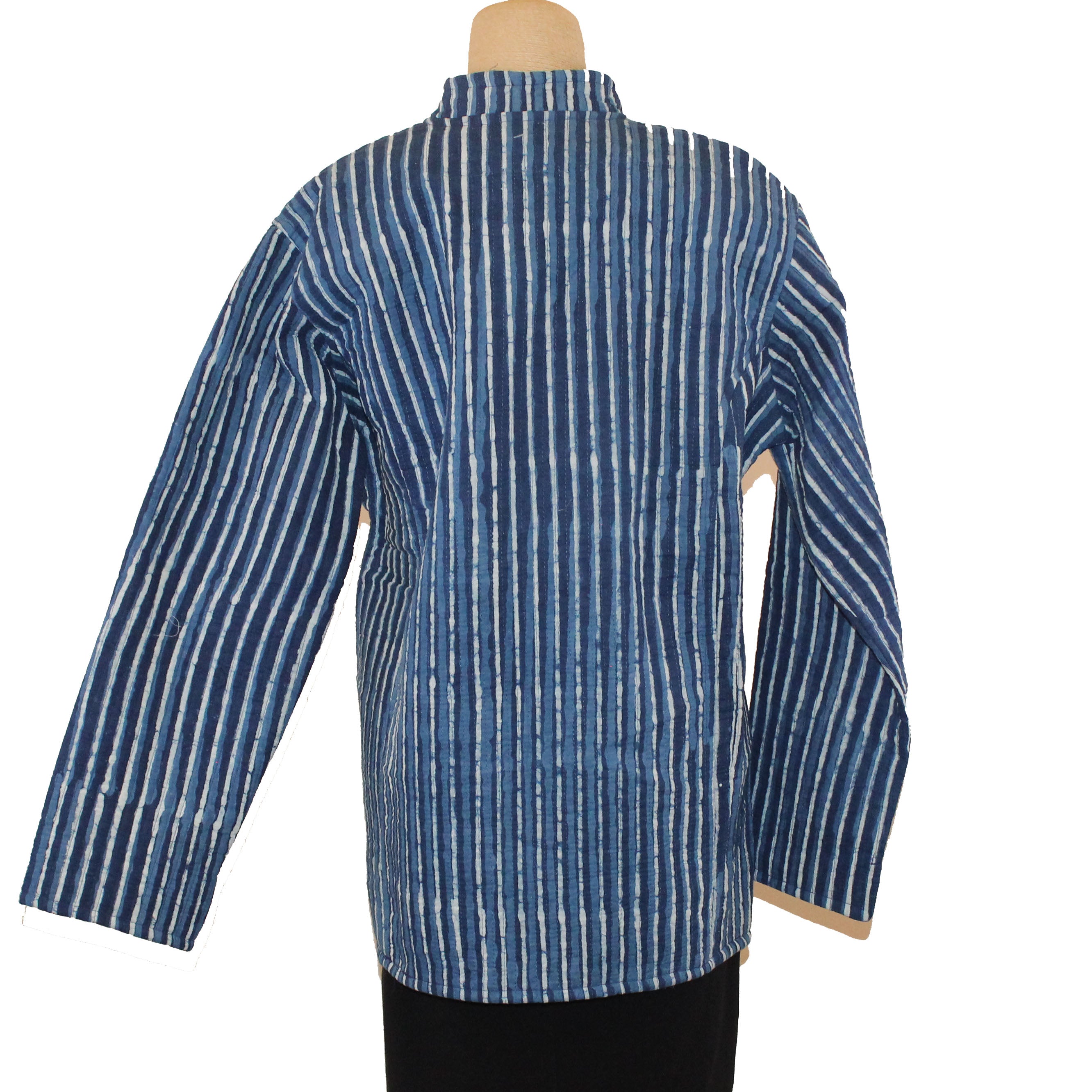 Sudarshan Jacket, Quilted Hand Block Printed Indigo Stripes, Indigo/Blue/White, L