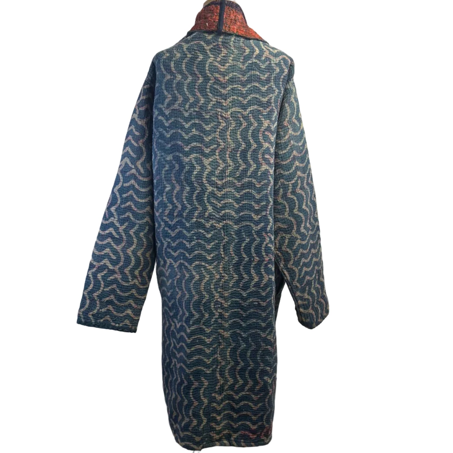 Sudarshan Kantha Coat, Reversible, Blue/White/Orange, L/XL