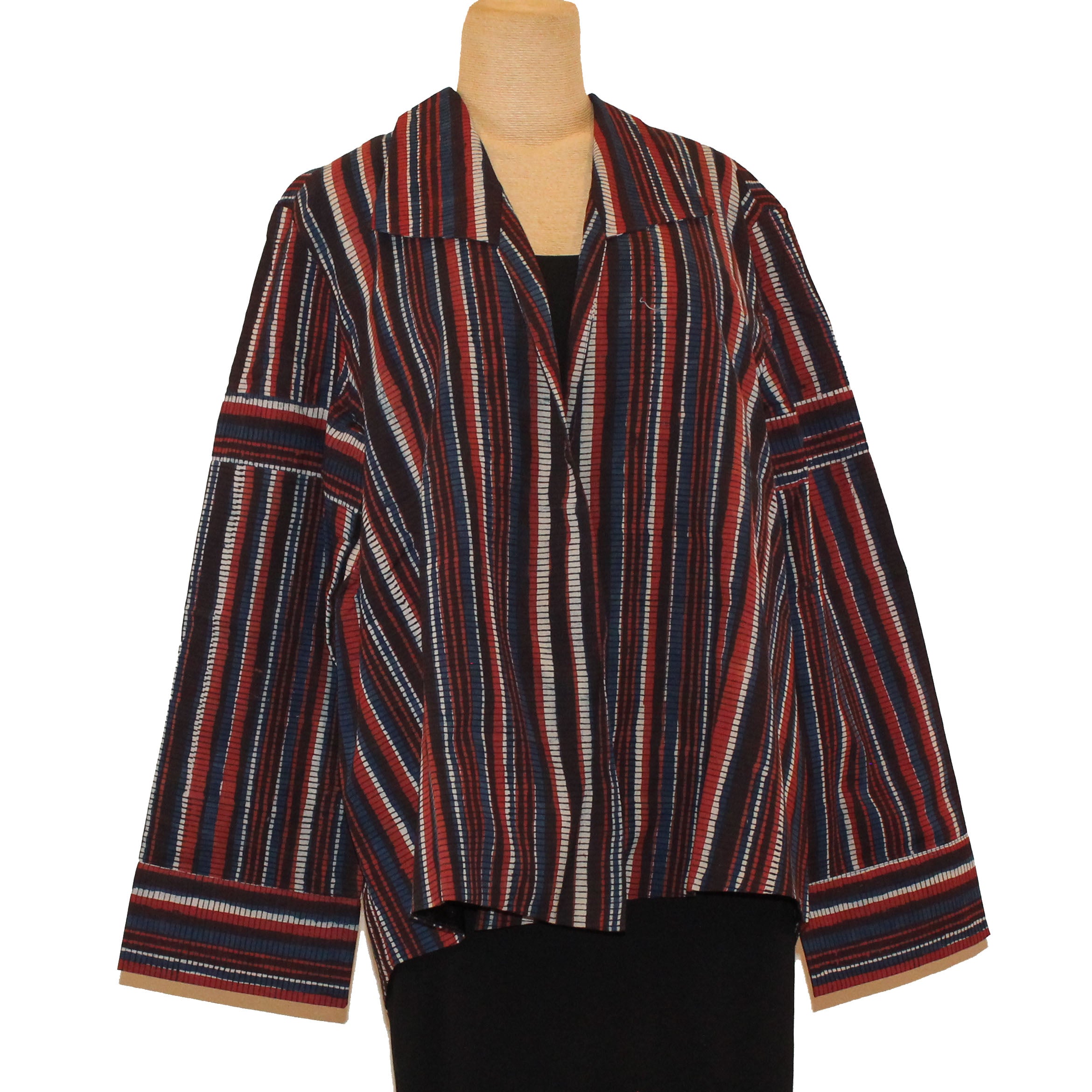 Sudarshan Jacket, Hand Block Printed Stripes, Persimmon/Blue/Brown/Cream, M/L