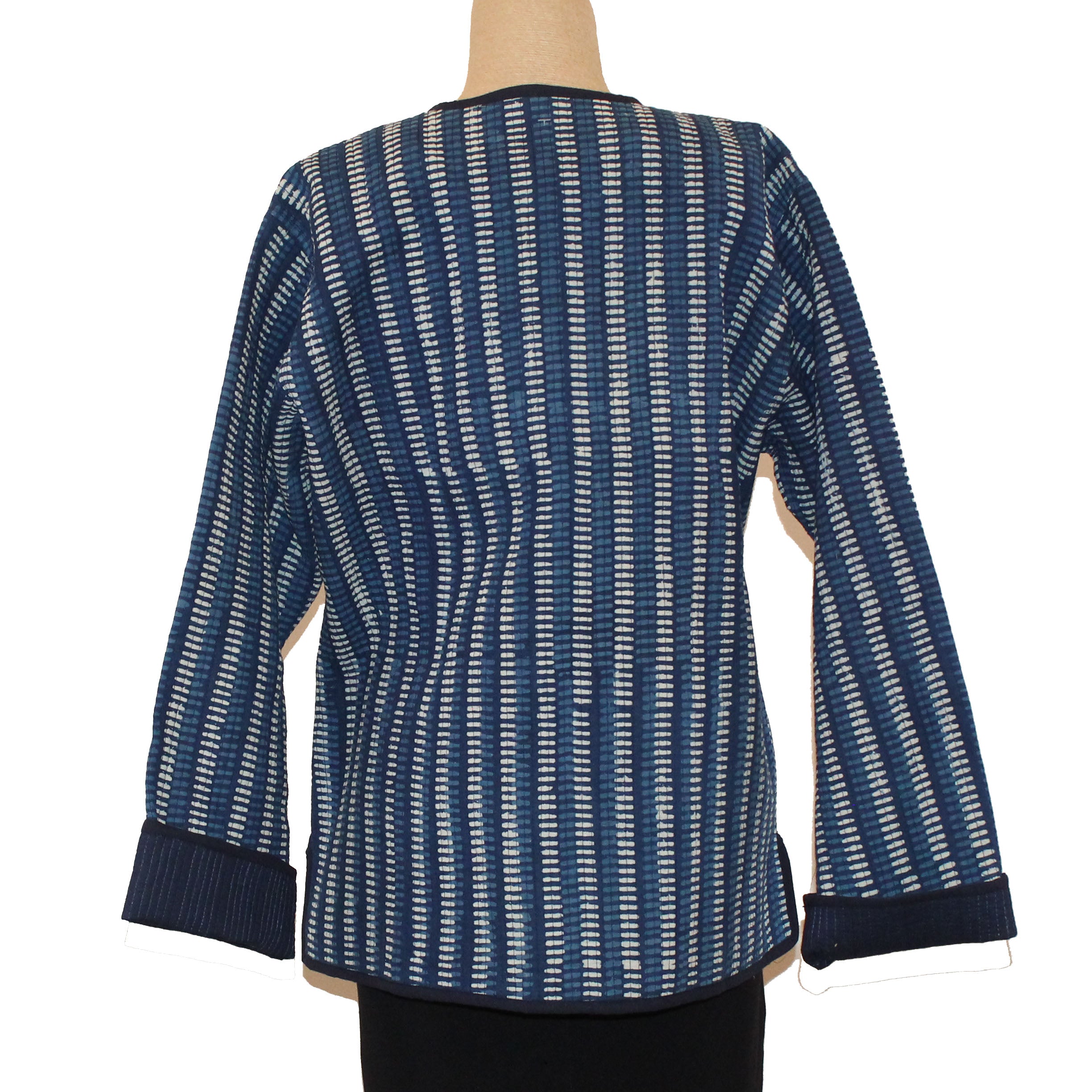Sudarshan Jacket, Quilted Hand Block Printed Indigo Stripes, Blue/White, M