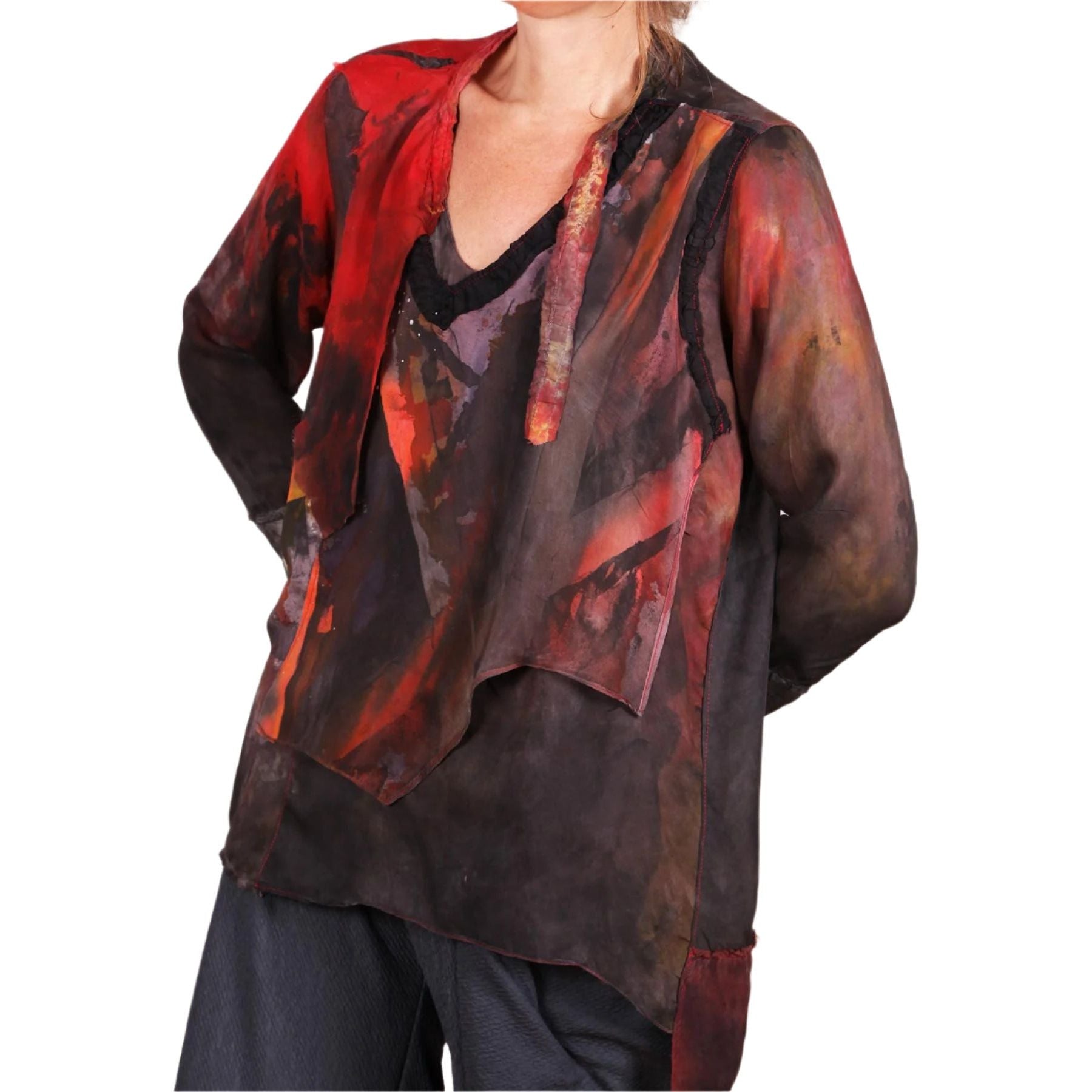 Tatiana Palnitska Blouse, Tangled Up In Bright Streaks, Black/Brown/Red M
