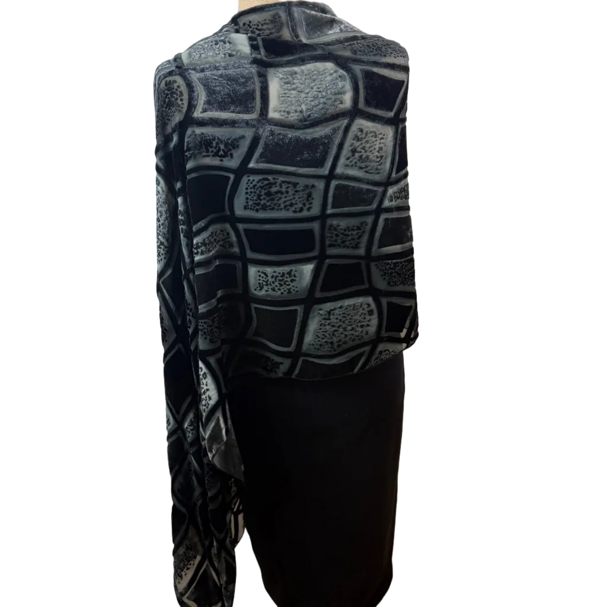 Kay Chapman Poncho, Cut Velvet, Rectangles, Gray/Black OS