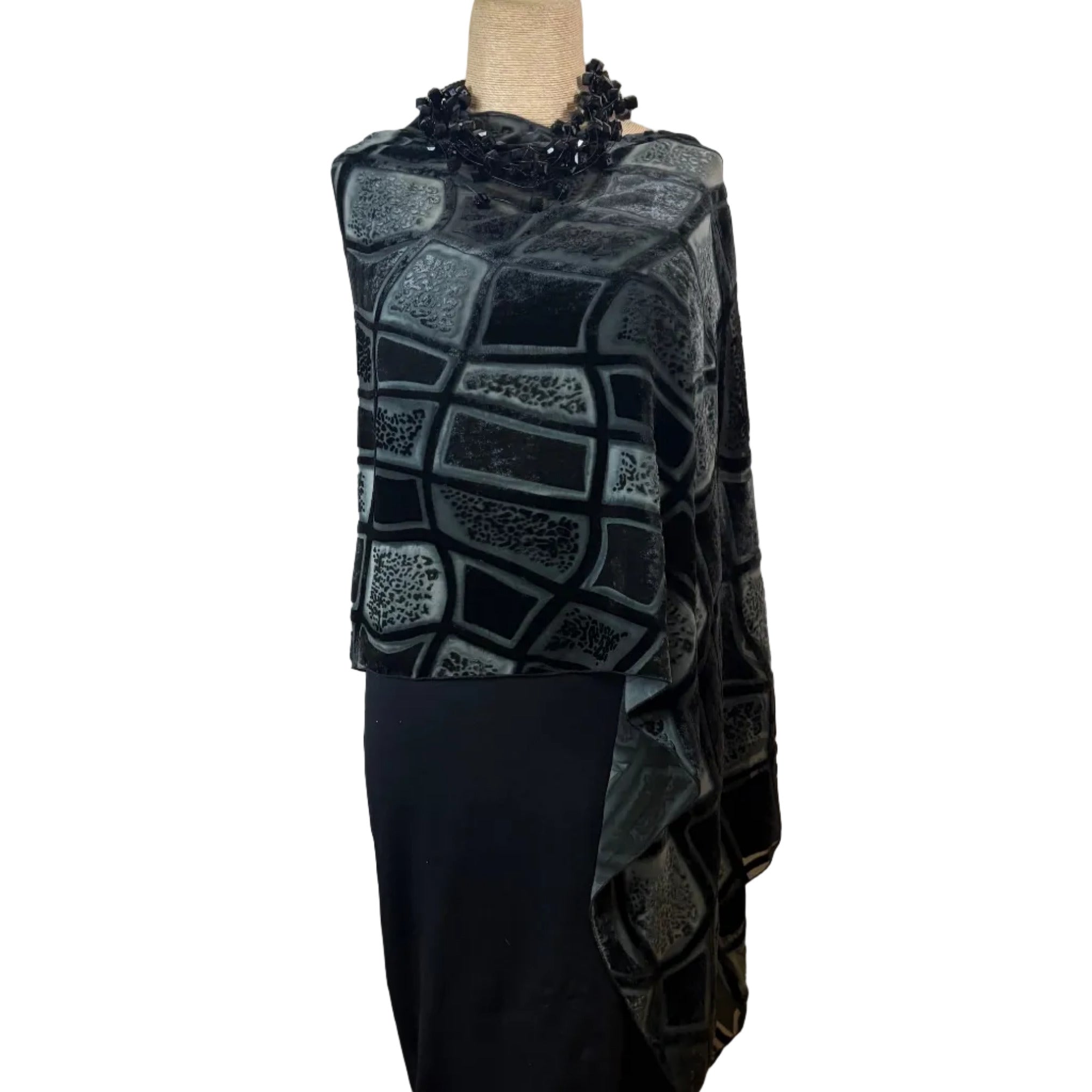 Kay Chapman Poncho, Cut Velvet, Rectangles, Gray/Black OS