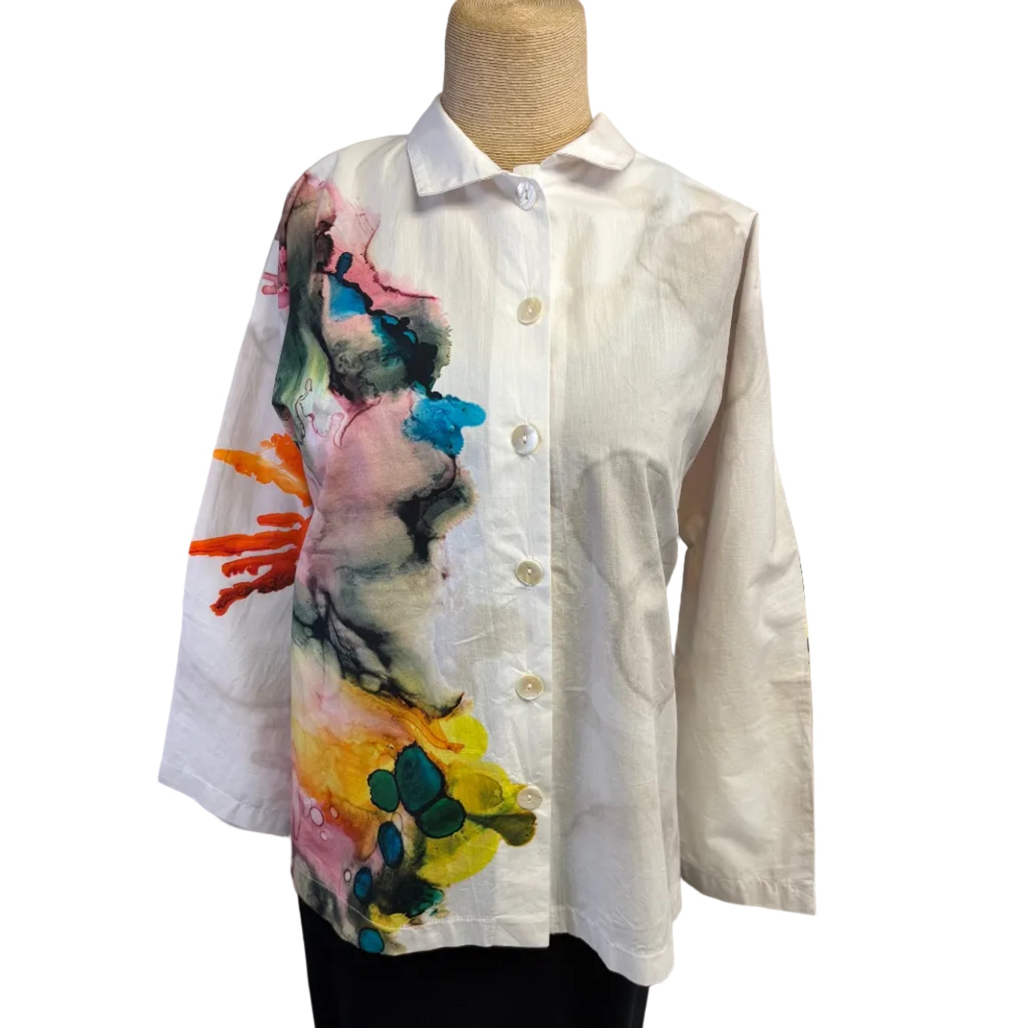 M Square Shirt, Mandarin Swing, Splash, White/Multi-Color
