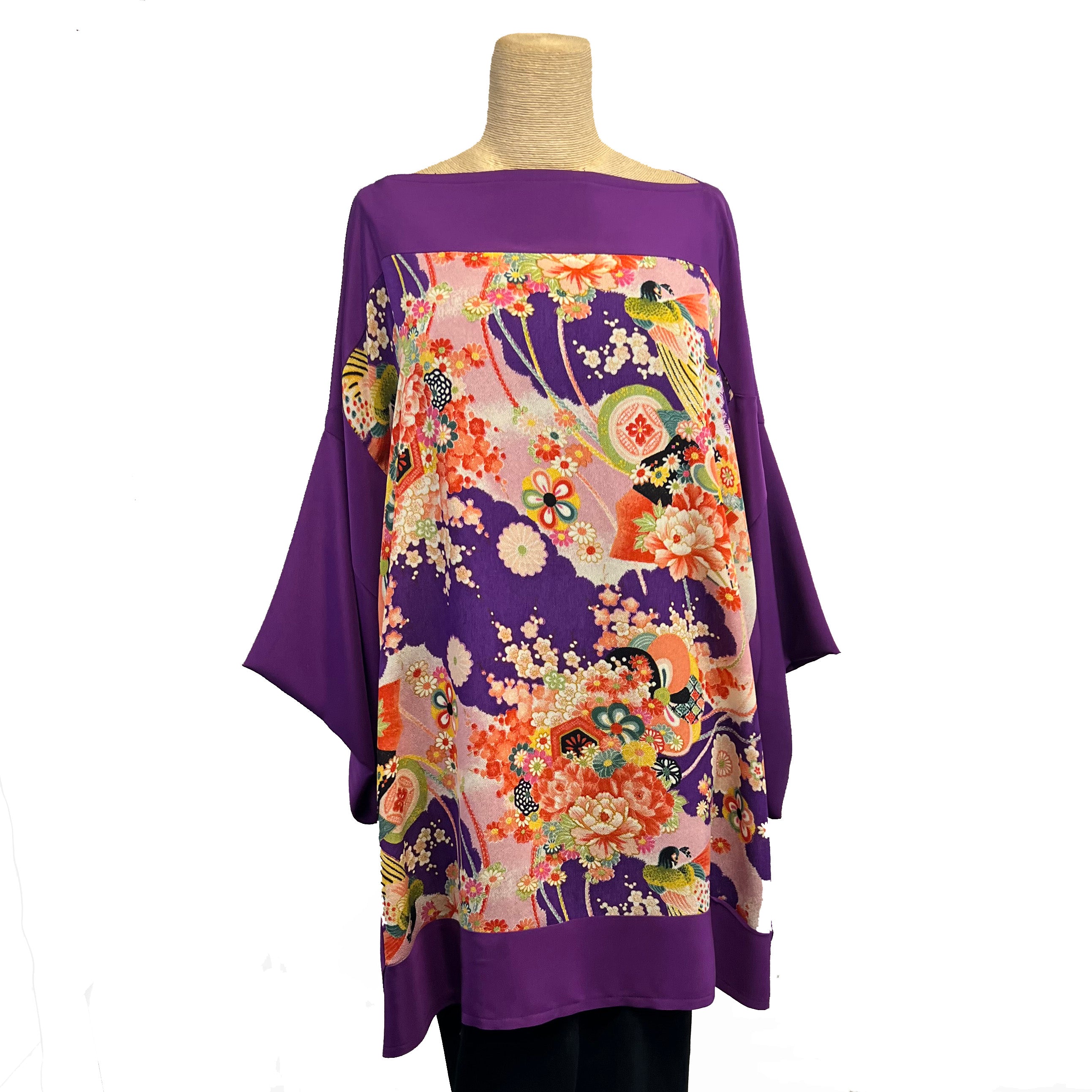 Constance West Kimono, Peacocks & Flowers, Plum, OS