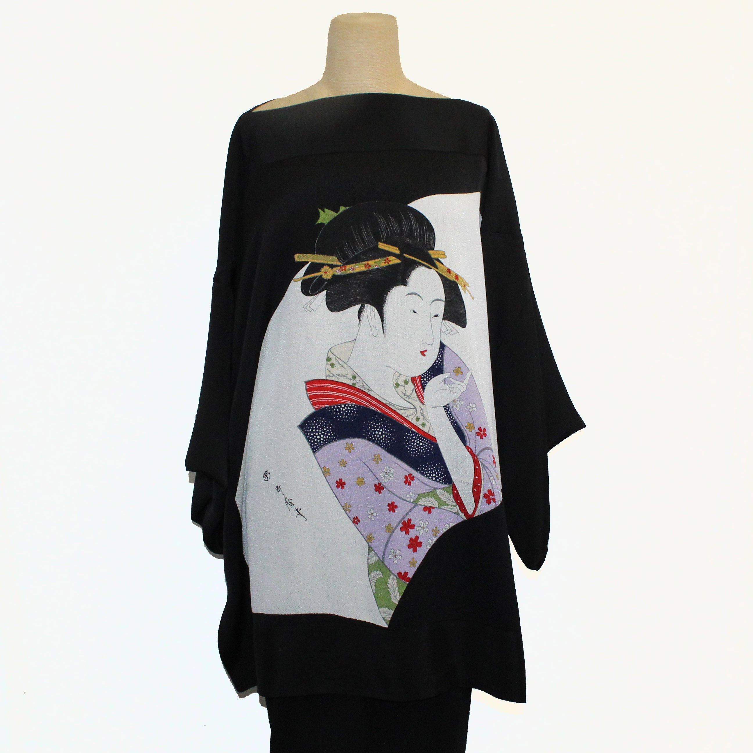 Constance West Kimono, Geisha Fan, Black/White, OS