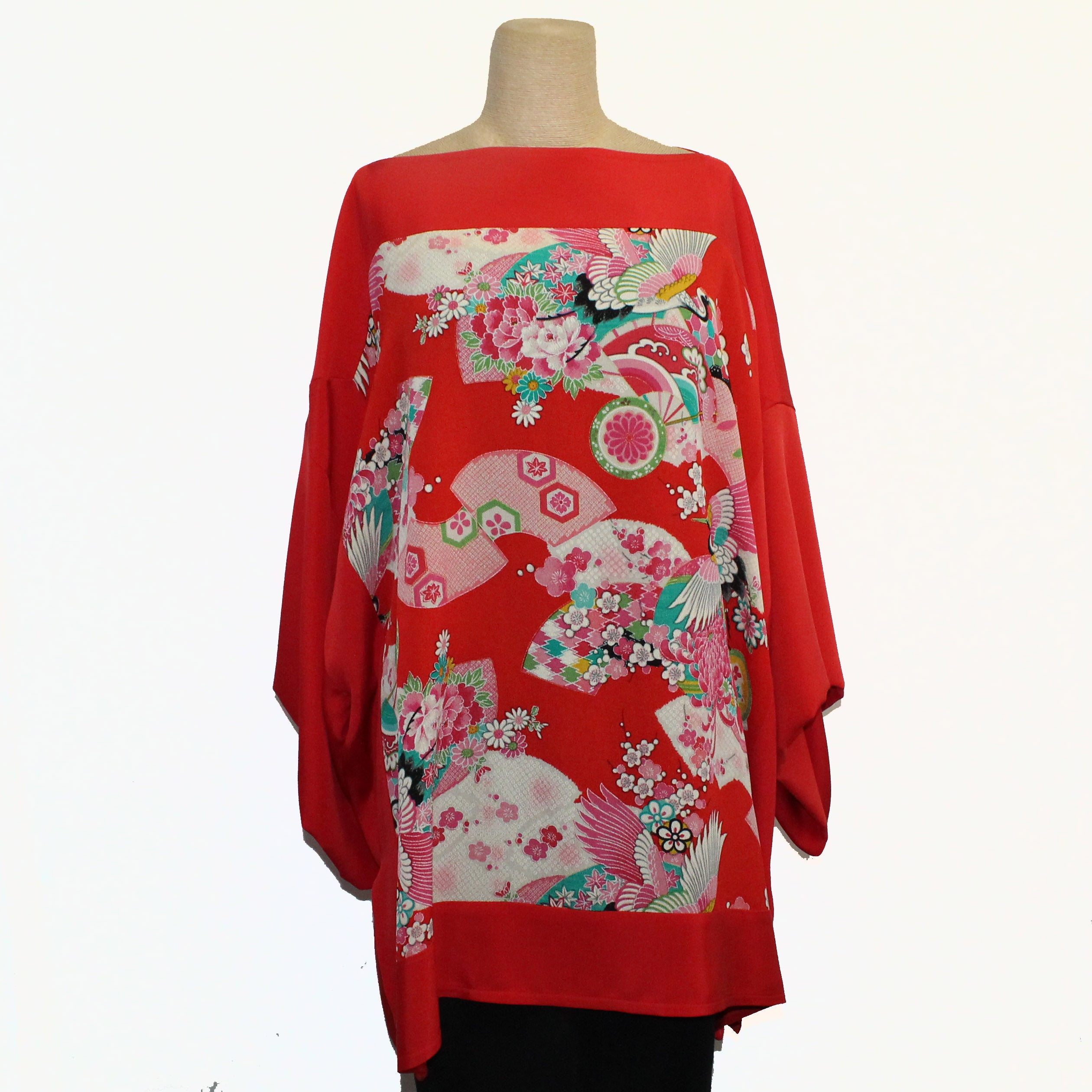 Constance West Kimono, Cranes With Fans, Red