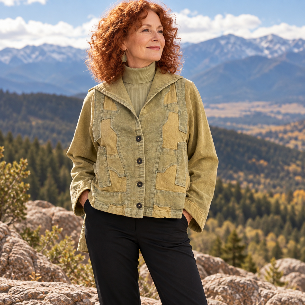 Cynthia Ashby Jacket, Pilot, Tapestry, Mustard Yellow/Pale Green S & M/L