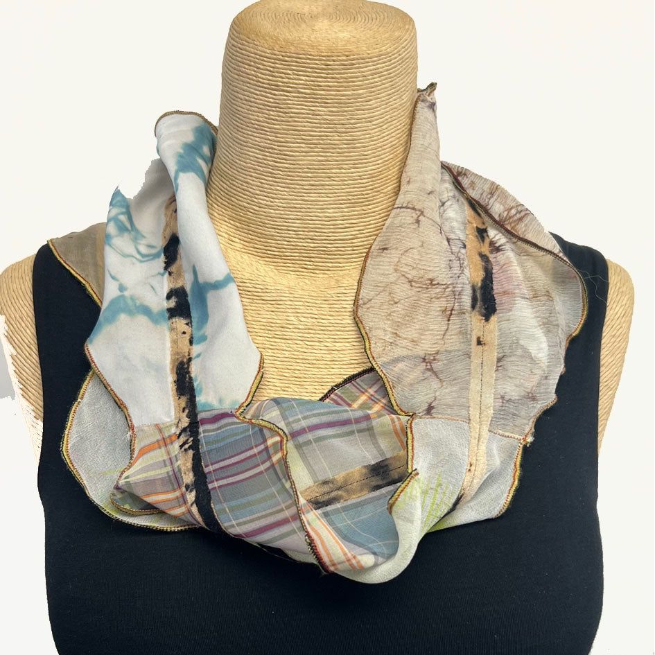 Deborah Cross Scarf, Infinity, Beige/Blue/Plaid