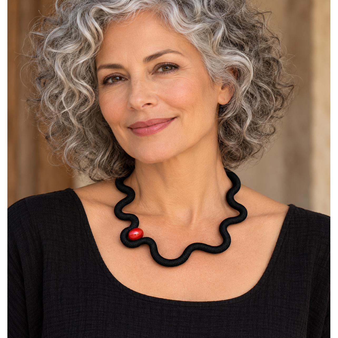 Christina Brampti Necklace, Wavy Black with Red Accent