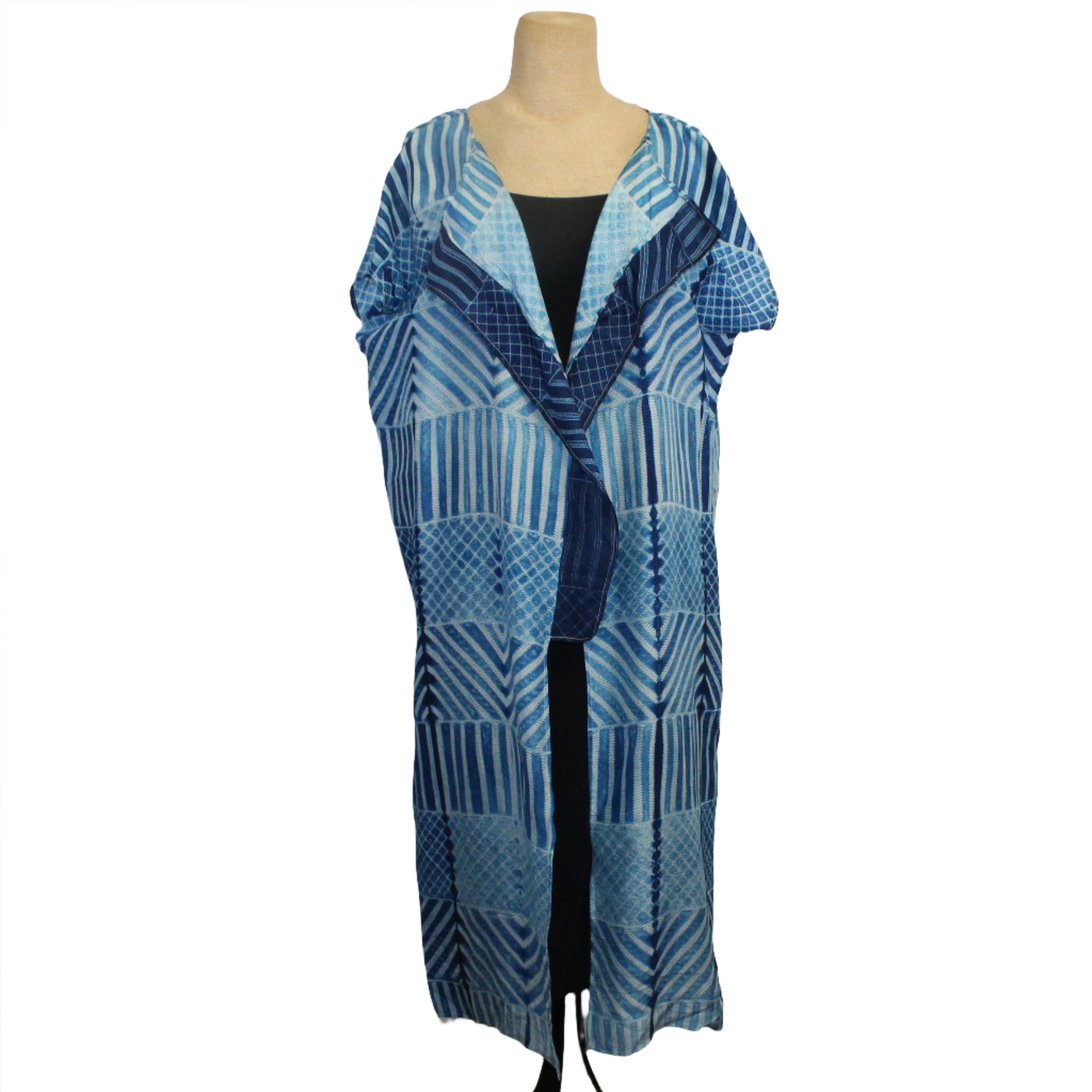Sudarshan Vest, Long, Indigo, Hand-Blocked Patterns, M/L