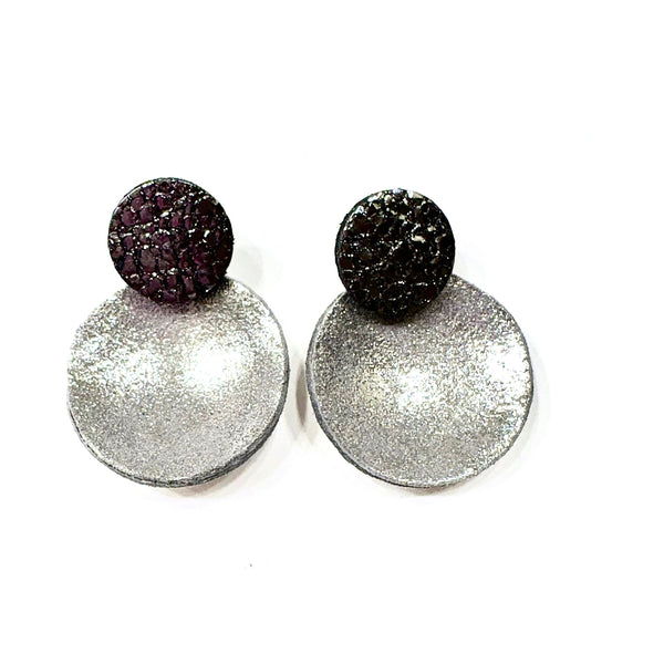 7PM Leather, Post Earrings, Tiny Circles, Silver/Black