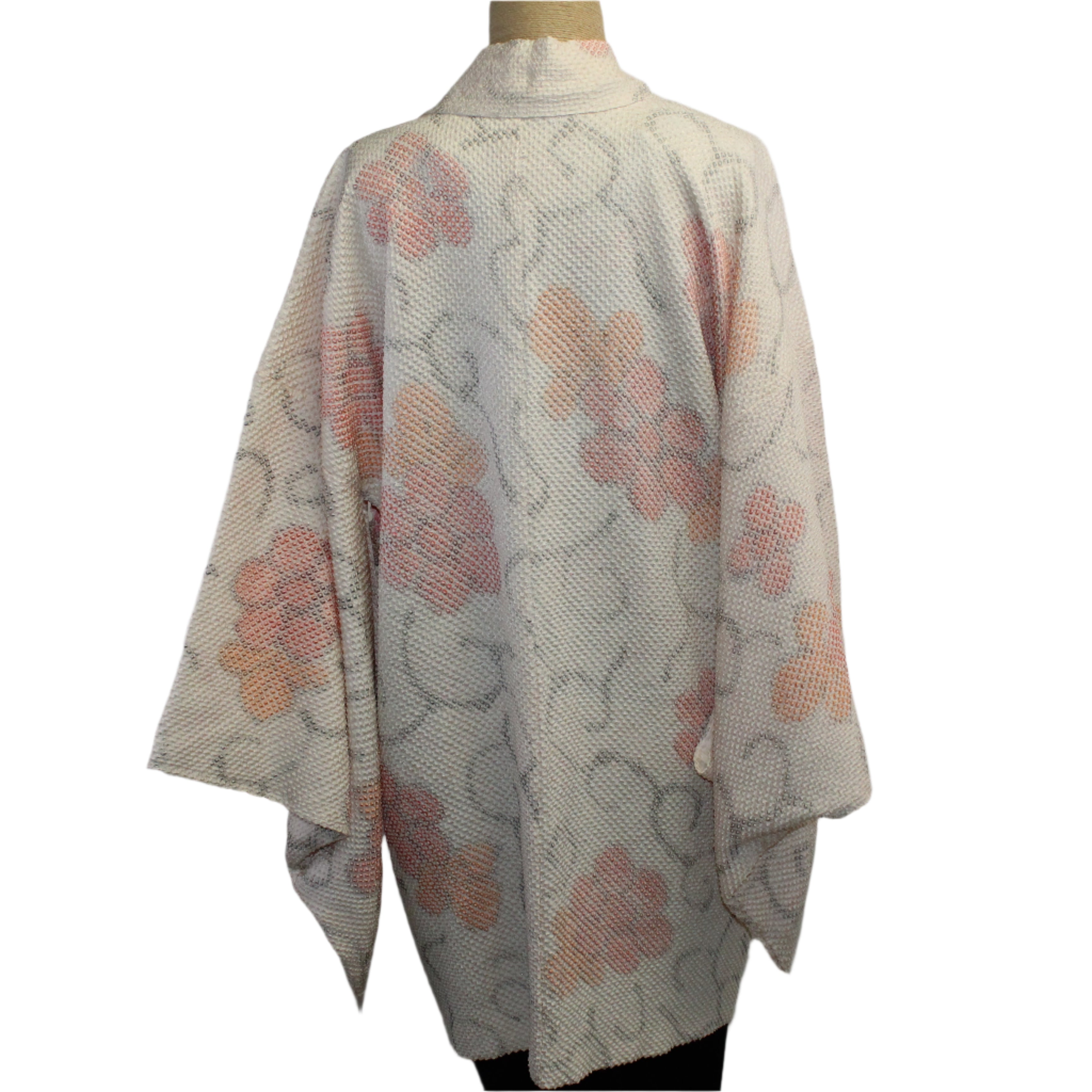 Vintage Silk Kimono, Shibori, Ivory/Peach/Tangerine, S/M