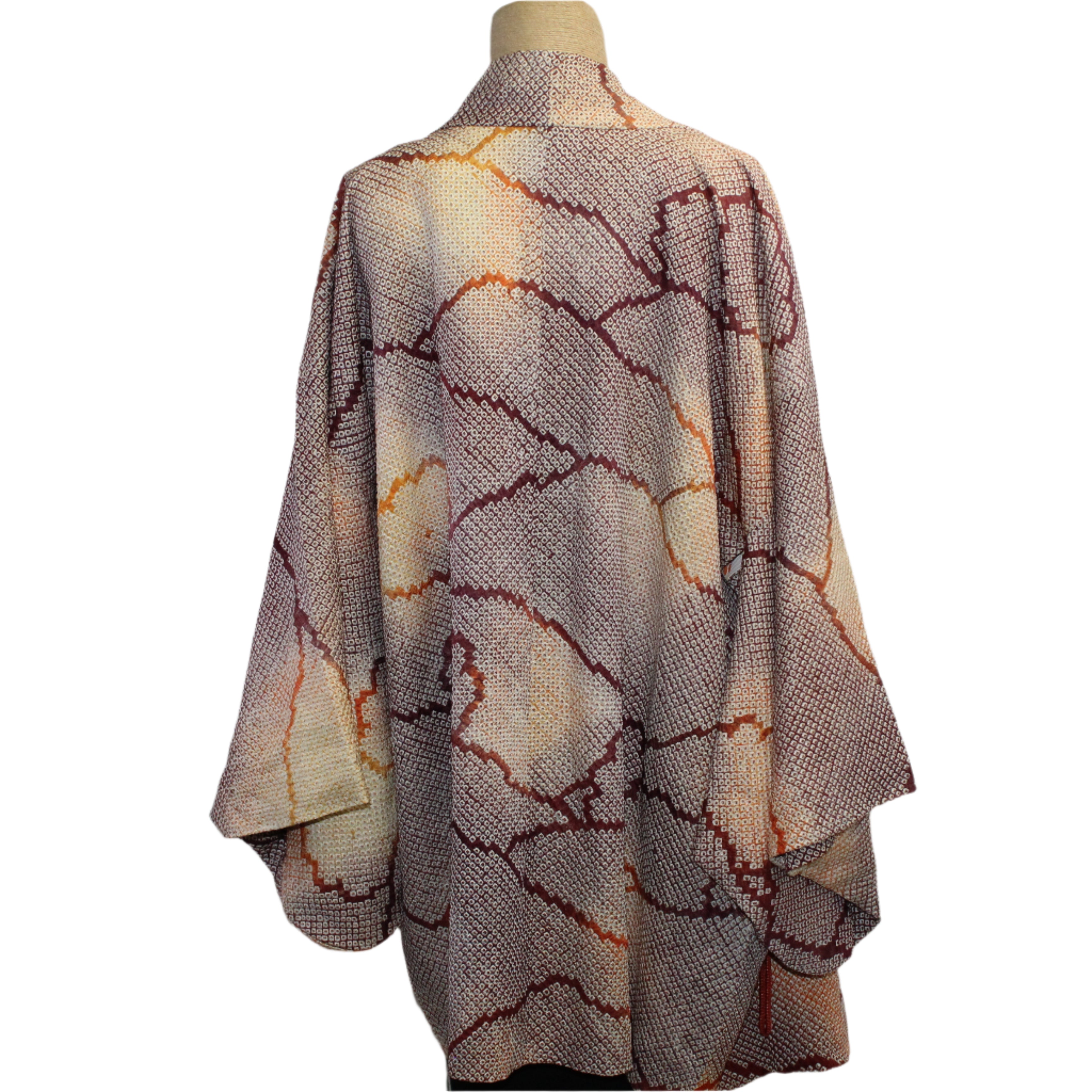 Vintage Silk Kimono, Shibori, Maroon/Gold/Peach, Fits M-XL