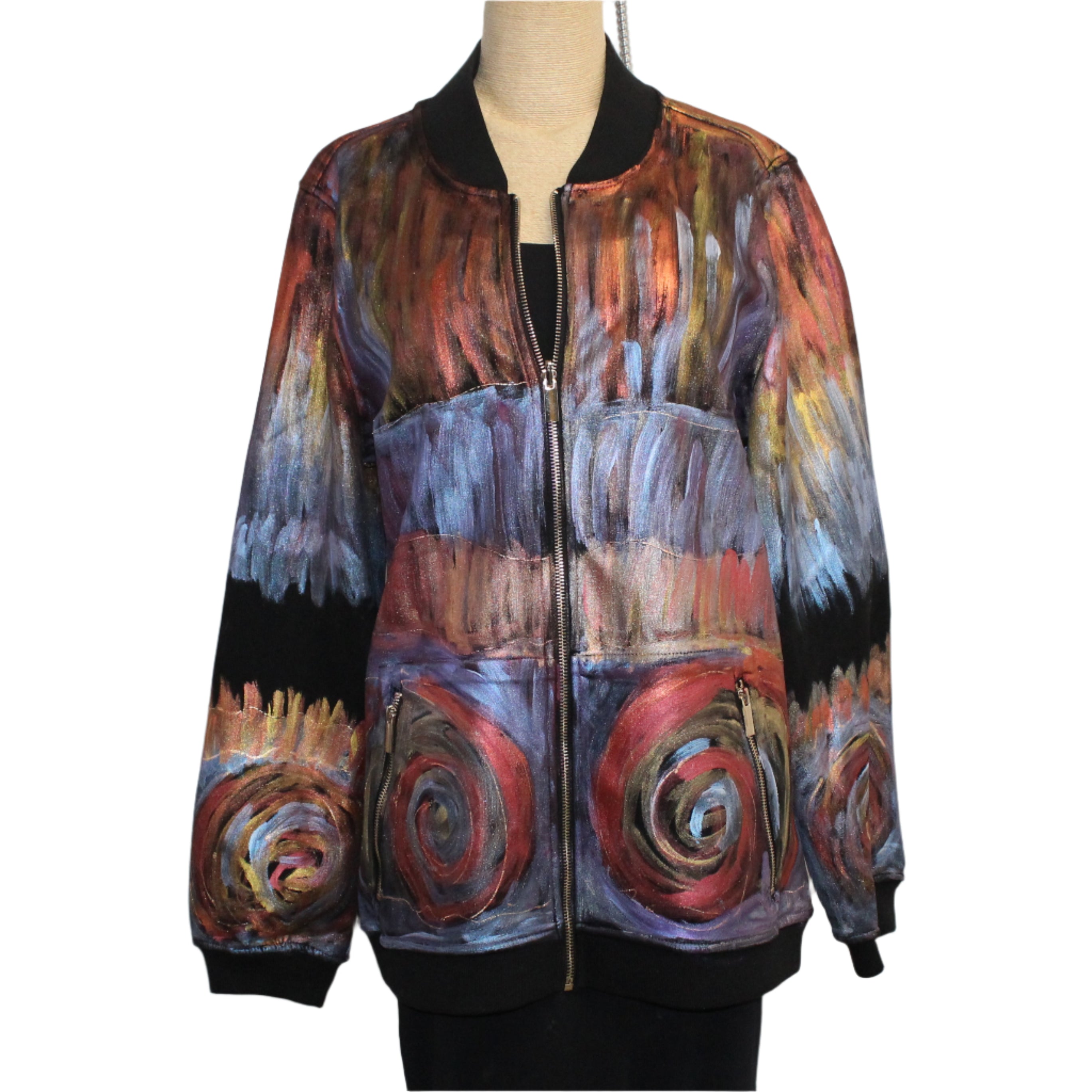 Jennifer Cauffman Jacket, Bomber, Hand-Painted, Copper/Blues, M/L