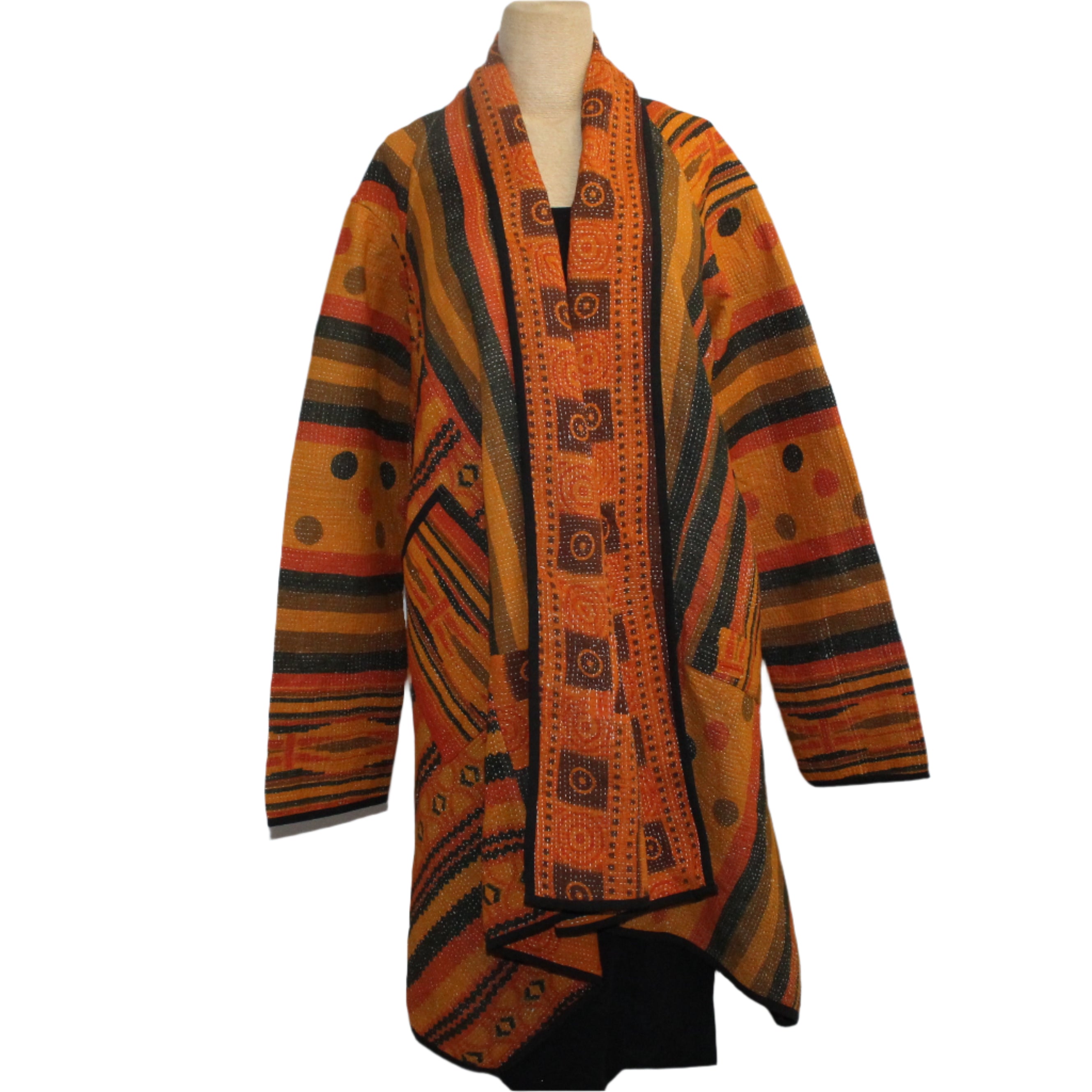 Yaza Coat, Kantha, Shawl Collar, Reversible, Ochre, Fits M-XL