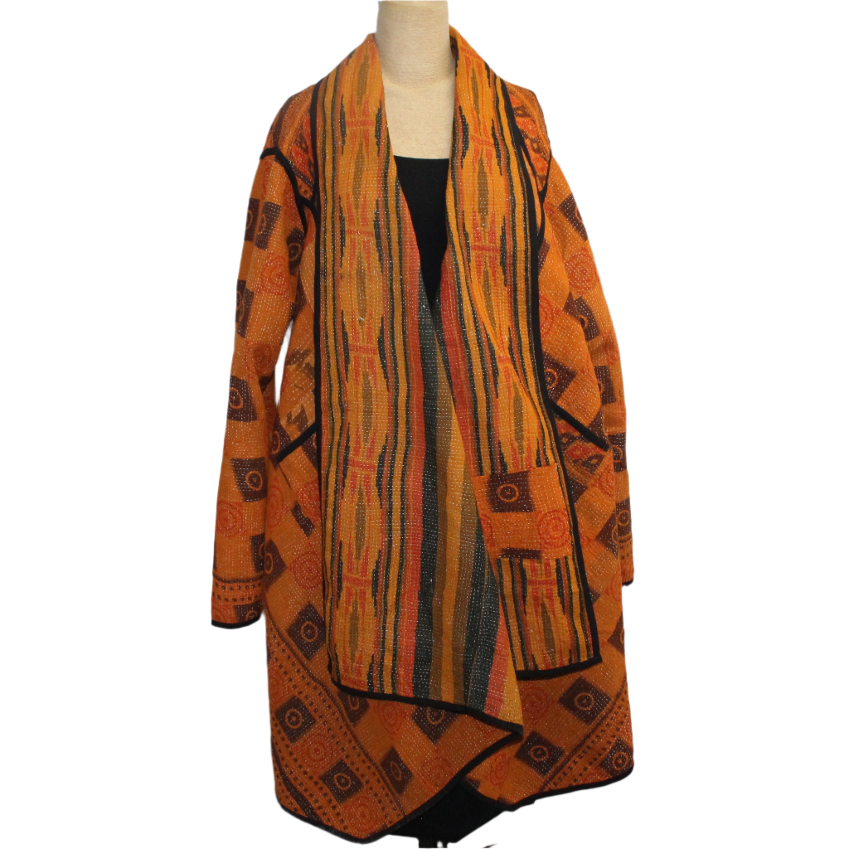 Yaza Coat, Kantha, Shawl Collar, Reversible, Ochre, Fits M-XL