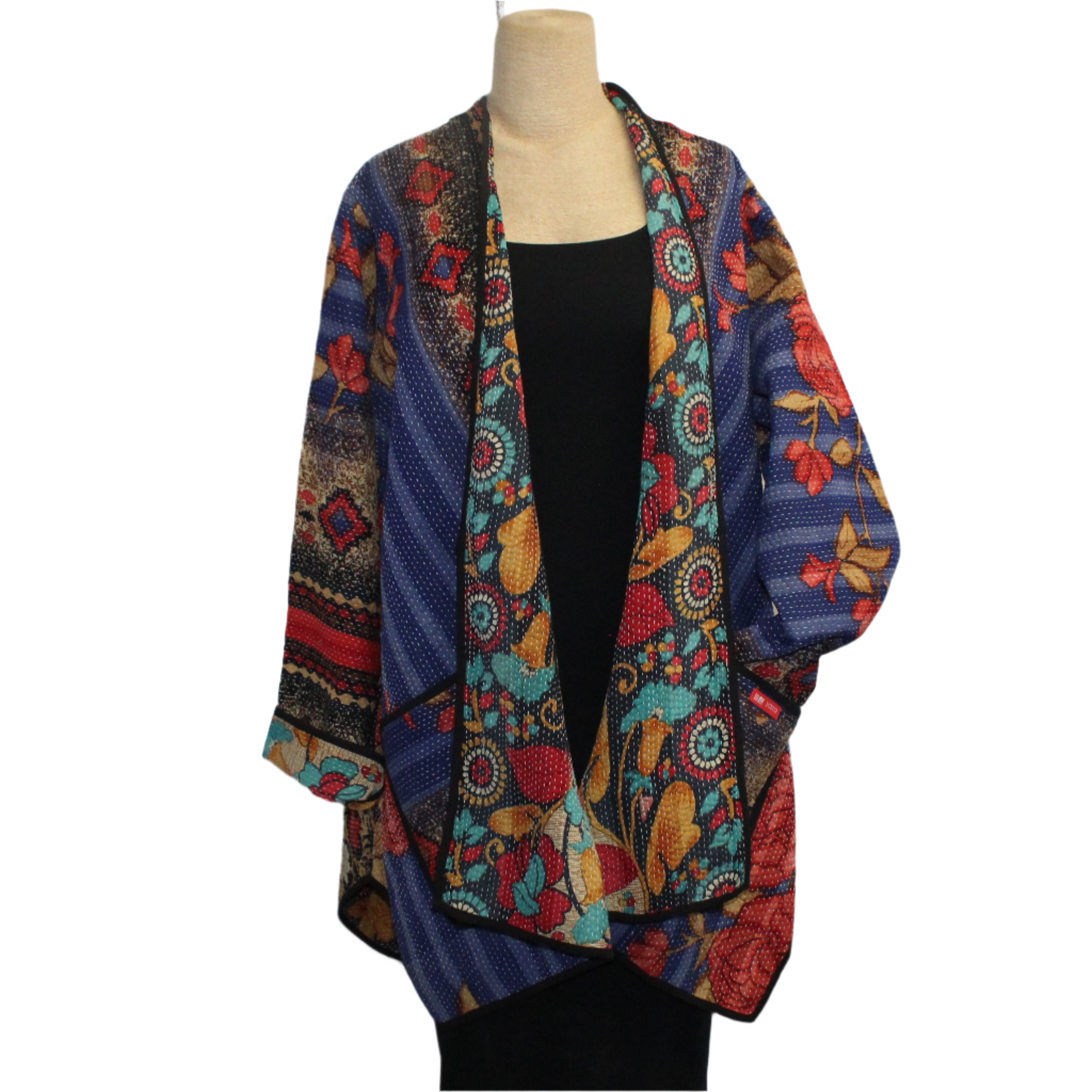 Yaza Coat, Kantha, Uma, Reversible, Red/Blue/Multi-Color, Fits S-L
