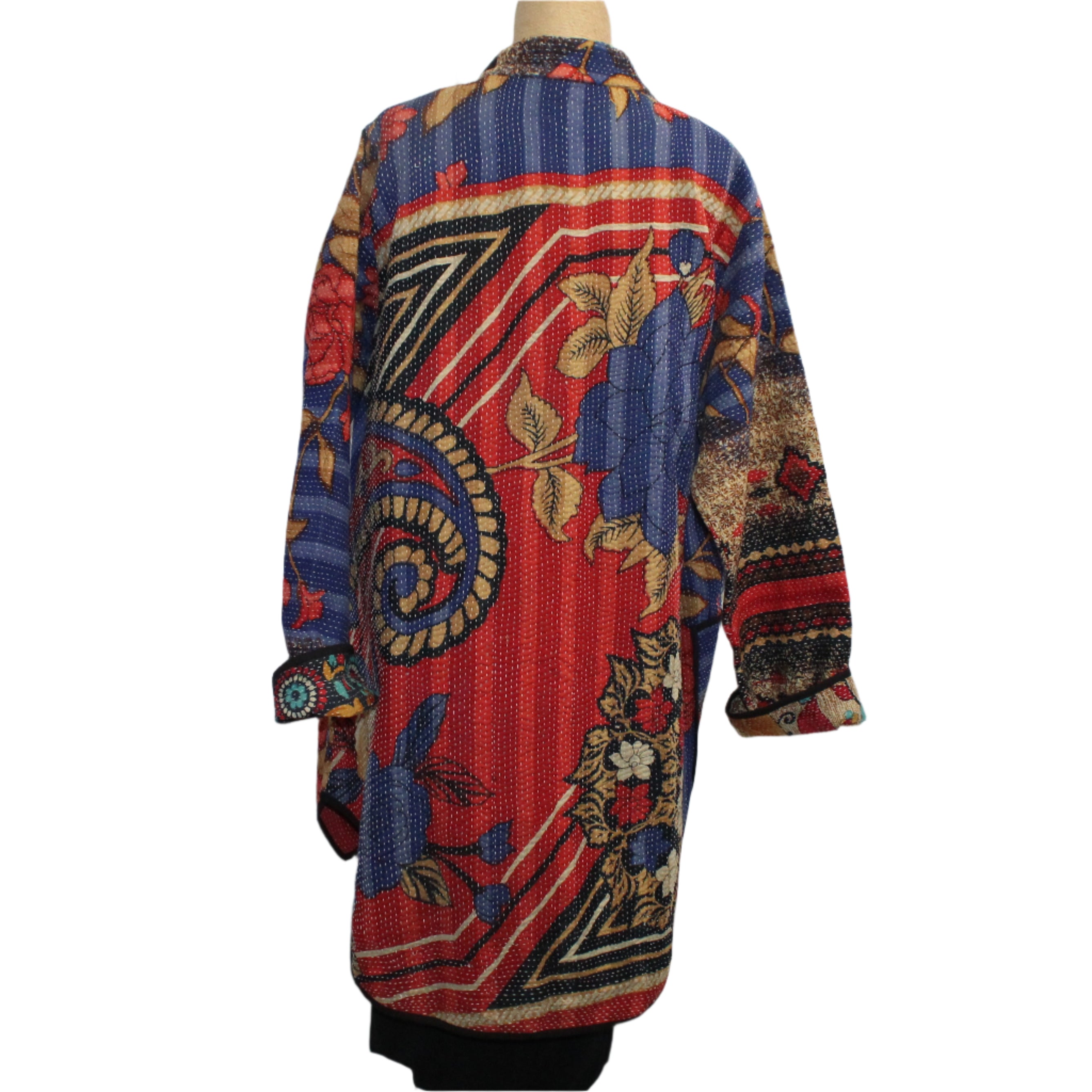 Yaza Coat, Kantha, Uma, Reversible, Red/Blue/Multi-Color, Fits S-L