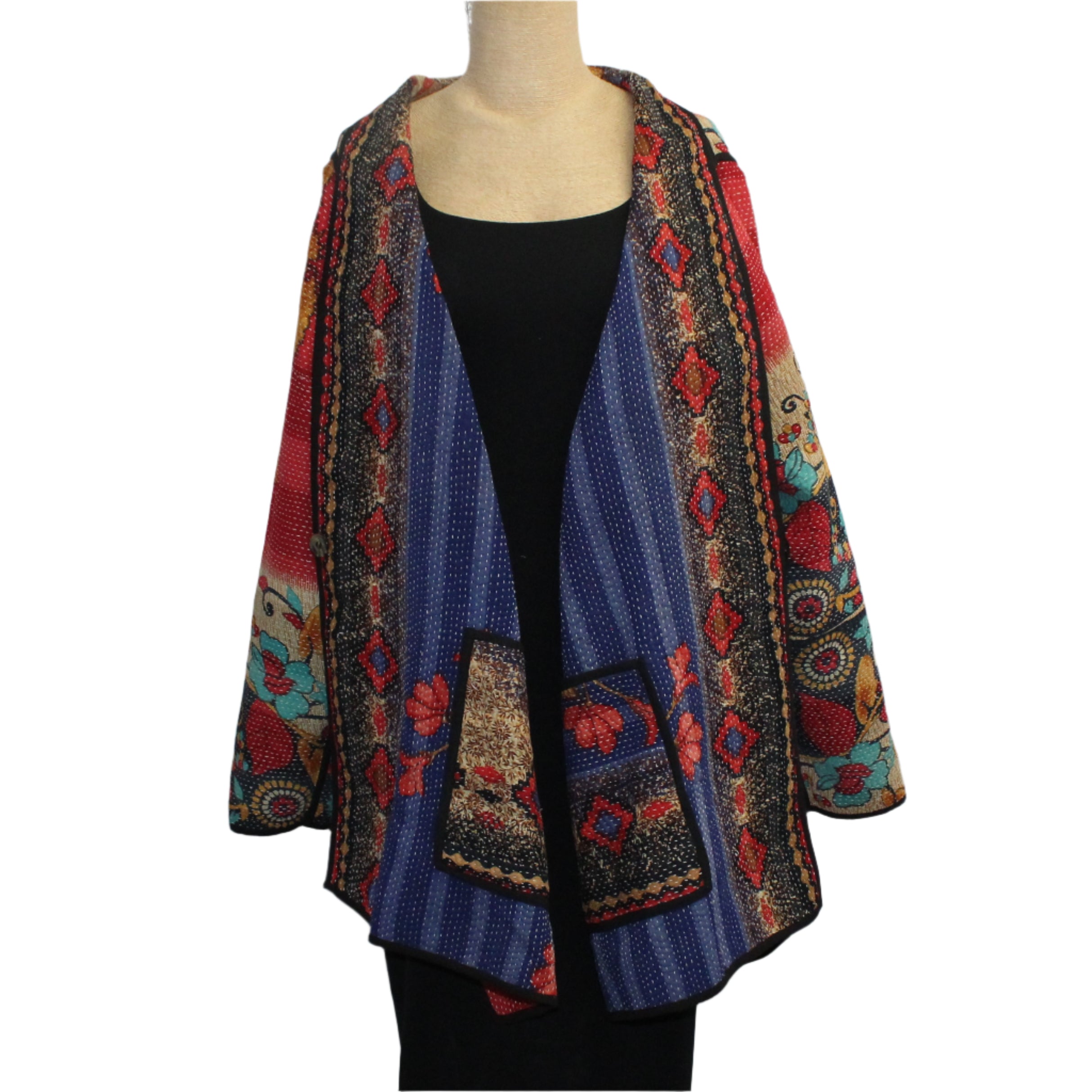 Yaza Coat, Kantha, Uma, Reversible, Red/Blue/Multi-Color, Fits S-L