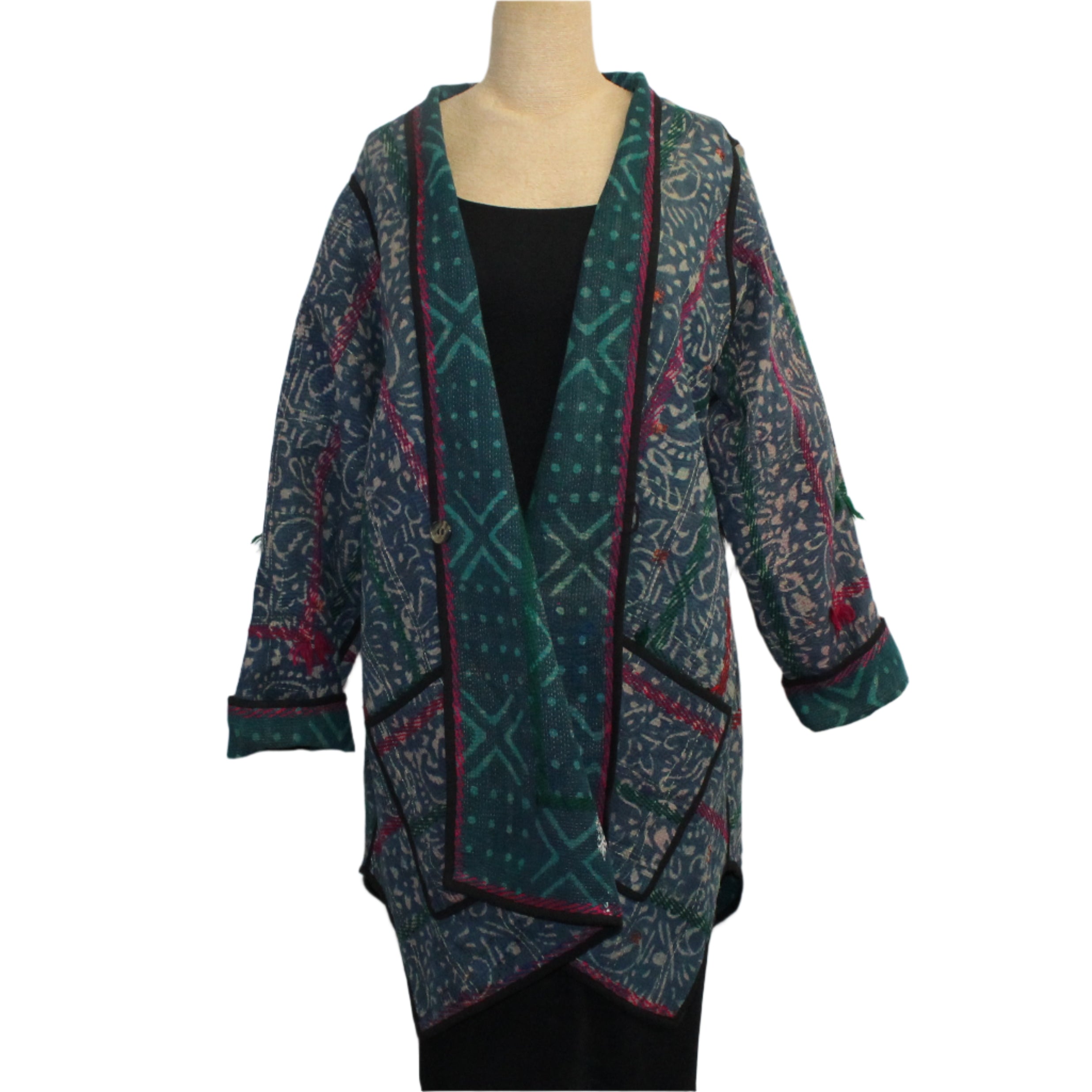 Yaza Coat, Kantha, Uma, Reversible, Green/Multi-Color, Fits M-L