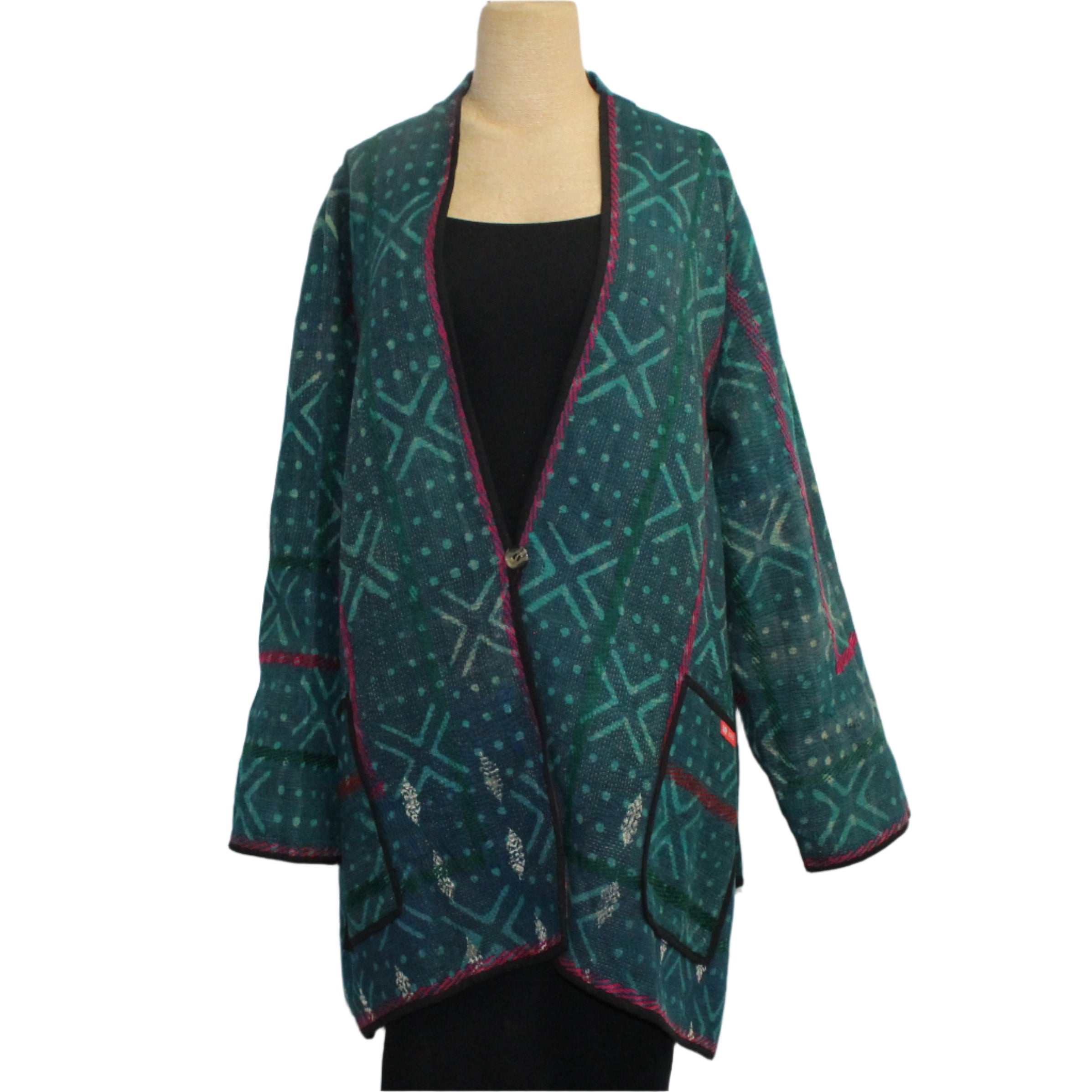 Yaza Coat, Kantha, Uma, Reversible, Green/Multi-Color, Fits M-L