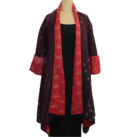 Yaza Coat, Kantha, Shawl Collar, Reversible, Burgundy/Red, OS