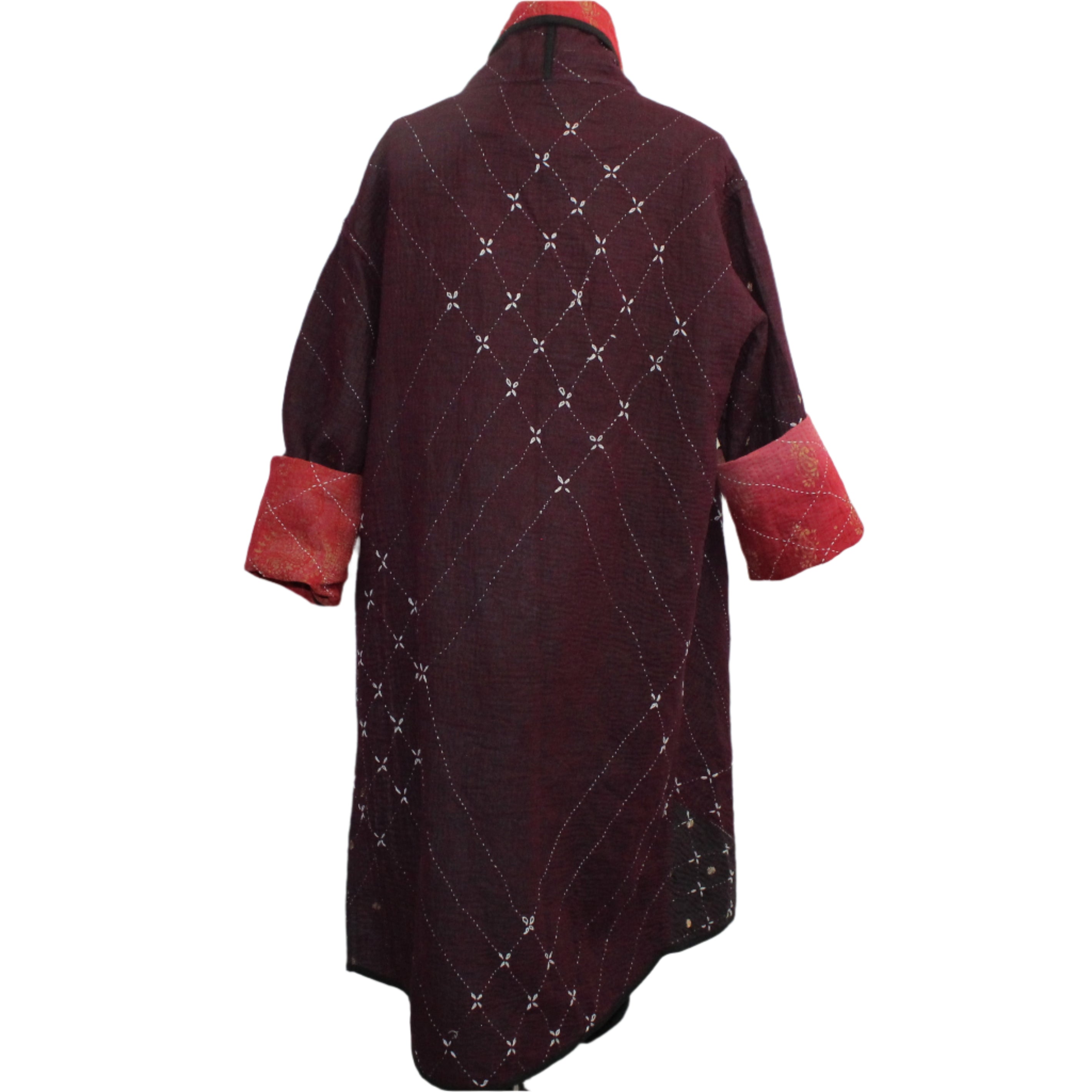 Yaza Coat, Kantha, Shawl Collar, Reversible, Burgundy/Red, OS