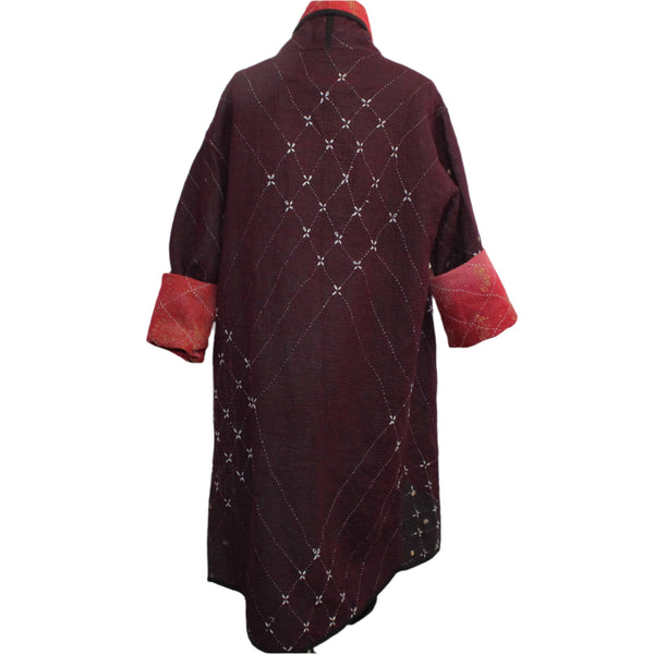 Yaza Coat, Kantha, Shawl Collar, Reversible, Burgundy/Red, OS