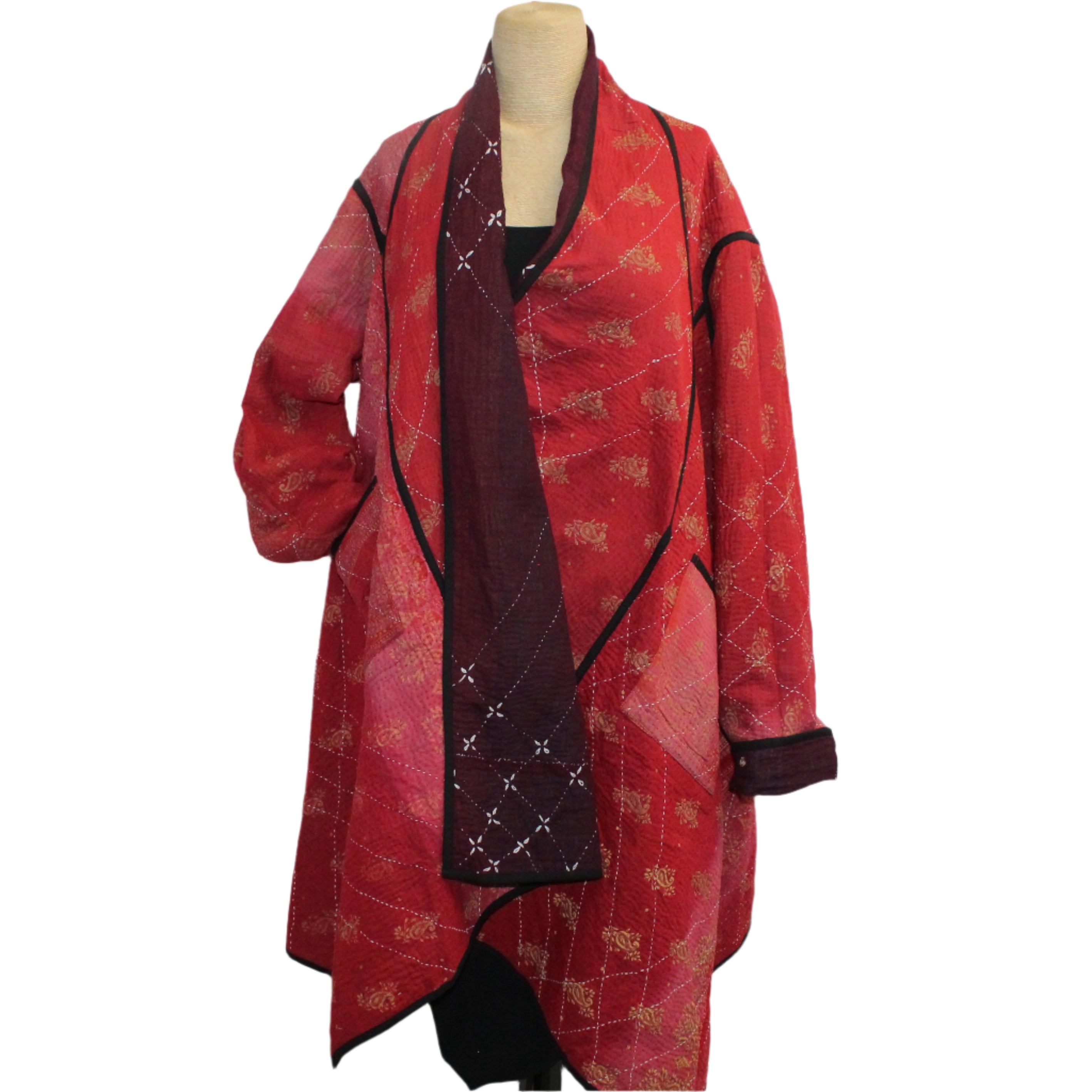 Yaza Coat, Kantha, Shawl Collar, Reversible, Burgundy/Red, OS