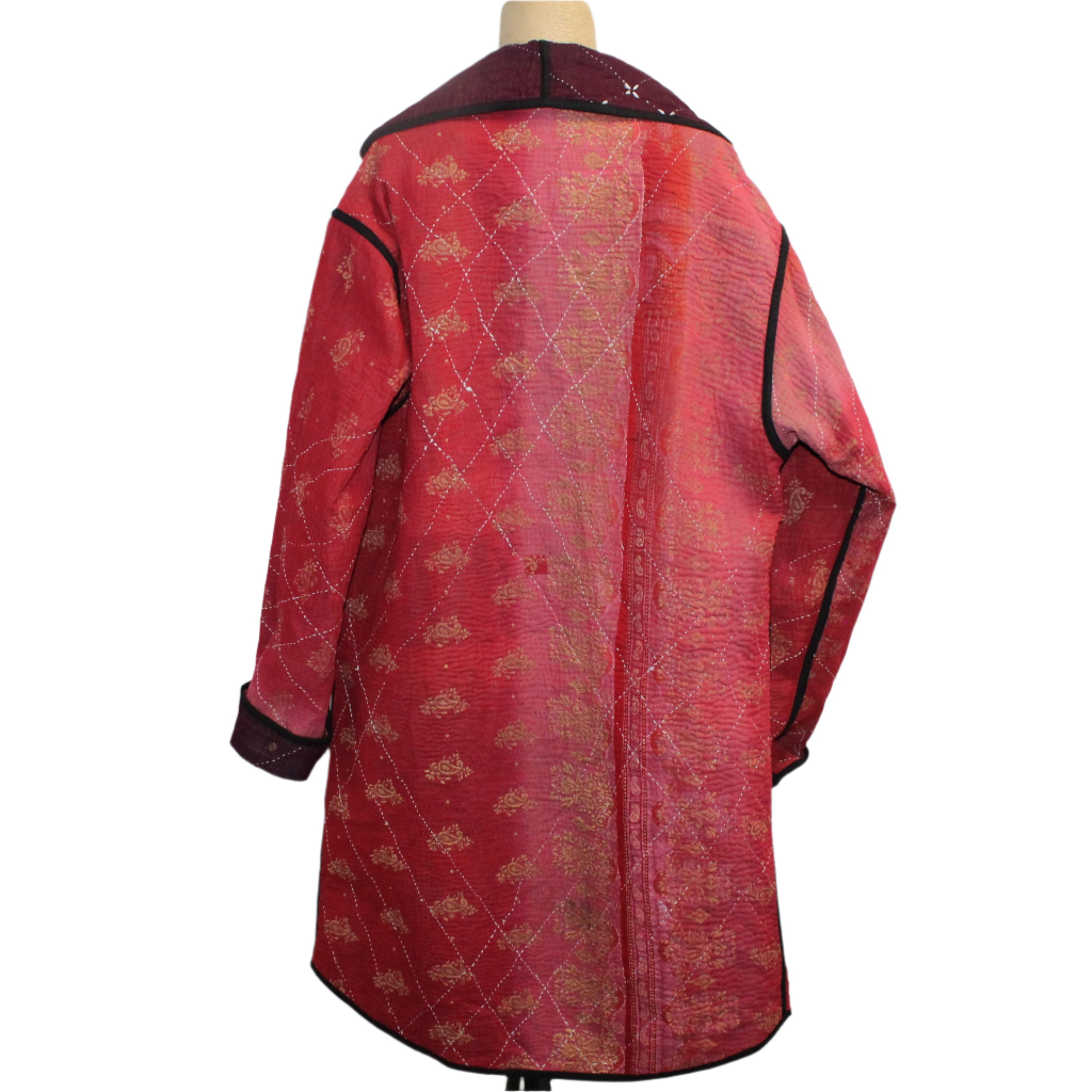 Yaza Coat, Kantha, Shawl Collar, Reversible, Burgundy/Red, OS