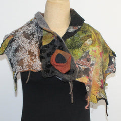 Beth Marx Collar Scarf, Yellow/Green With Rust Felted Brooch