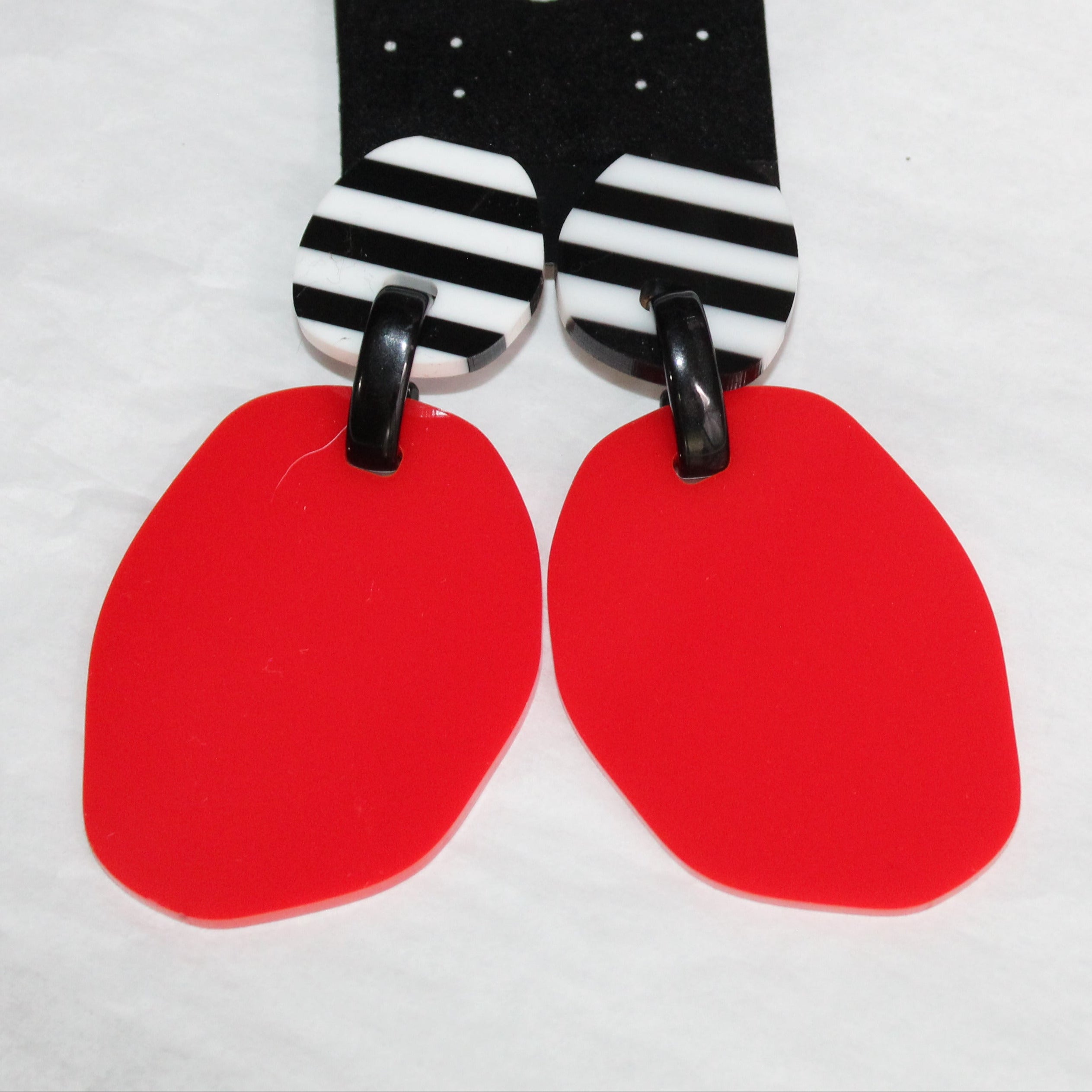 Michaela Malin Earrings, Clip, Red Circle/Black & White Stripes
