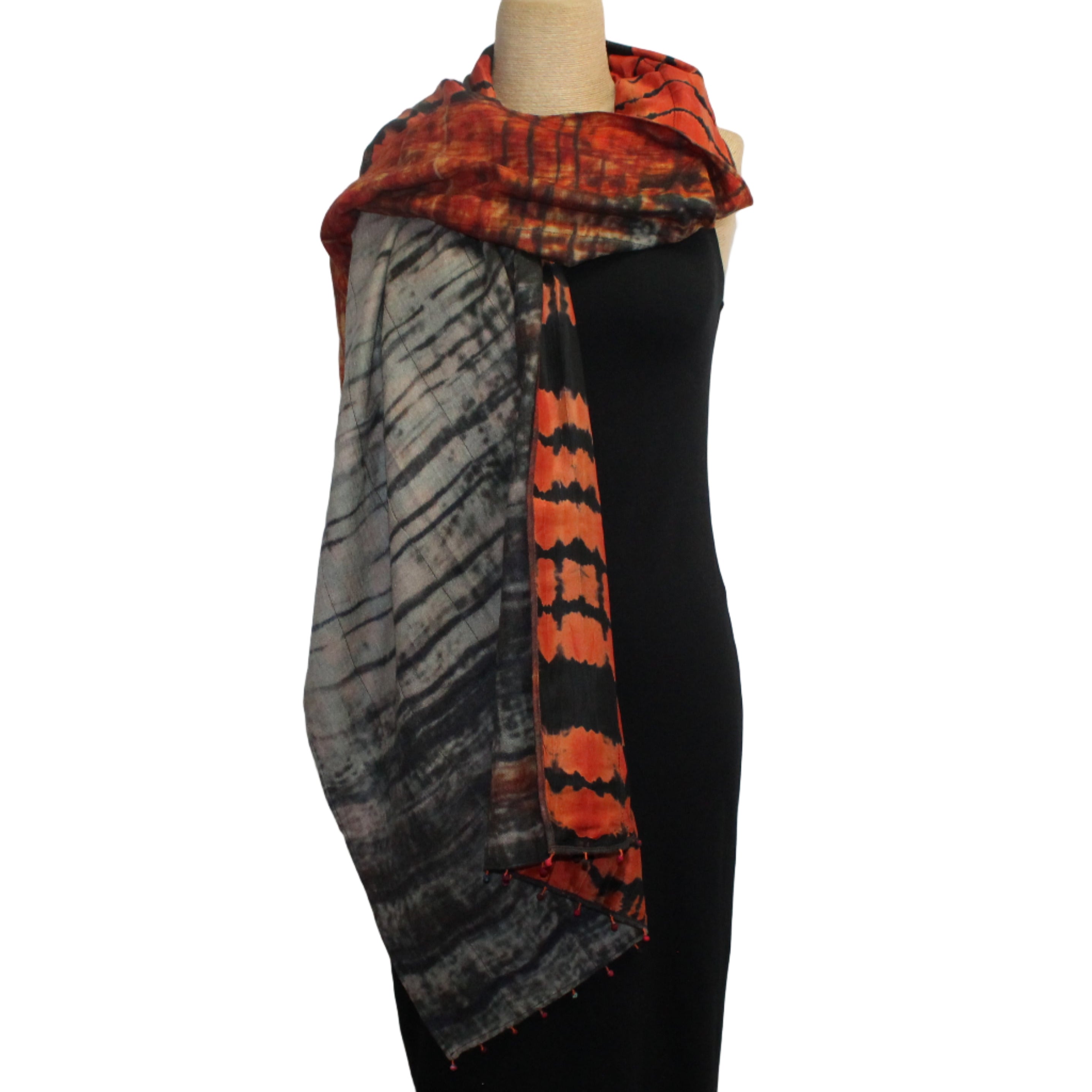 Neeru Kumar Shibori Scarf/Shawl, Orange/Black/Grey