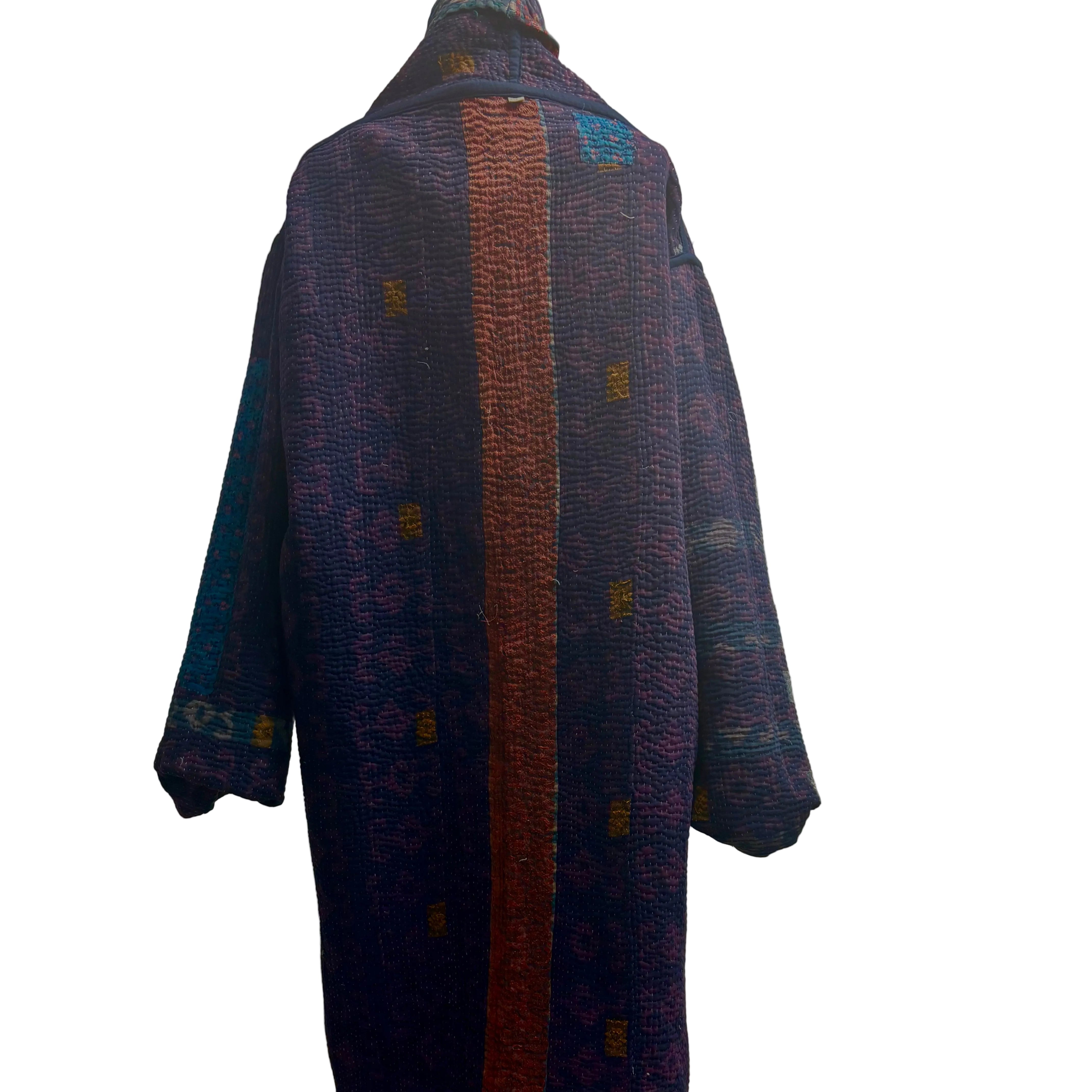 Sudarshan Kantha Coat, Reversible, Blue/White/Orange, L/XL