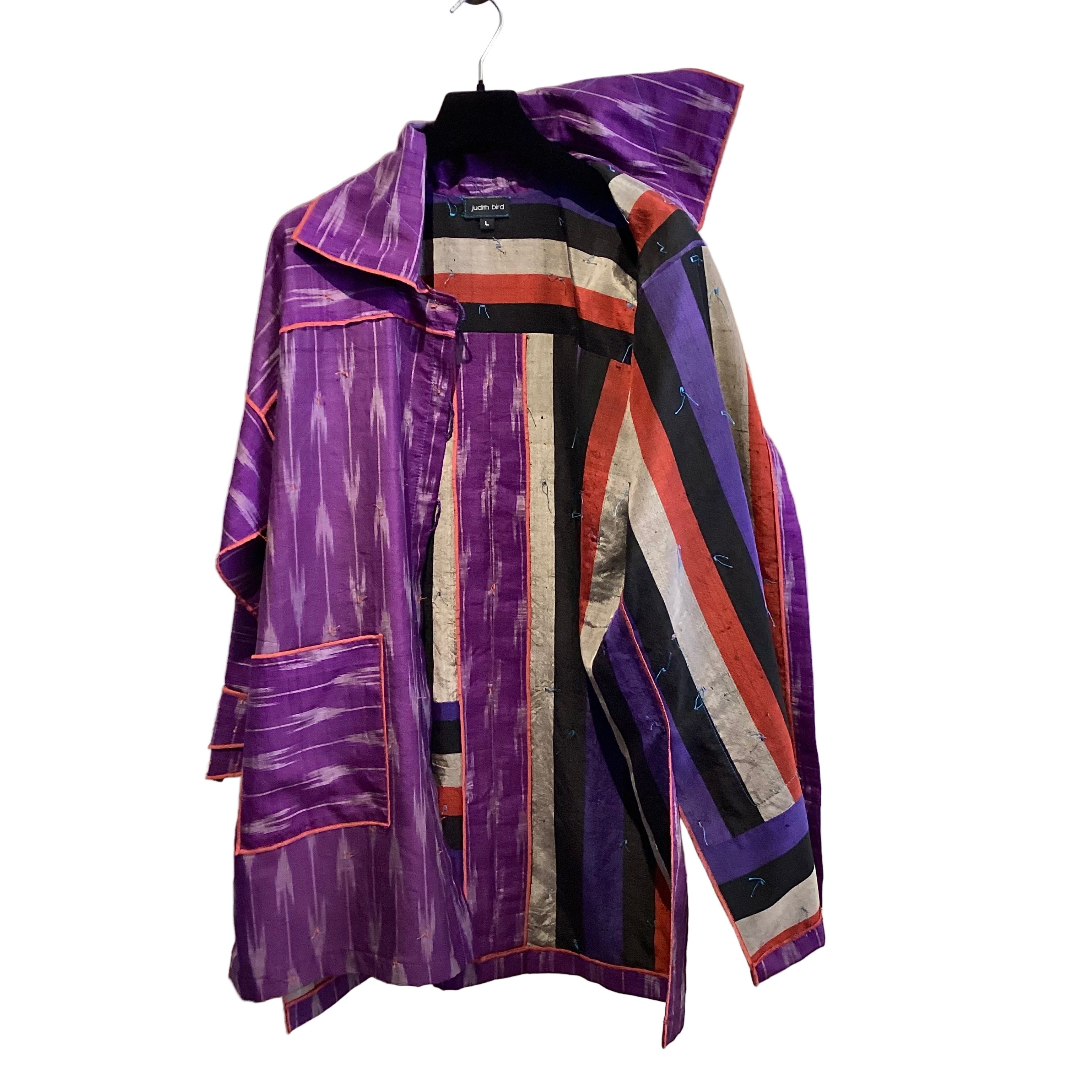 Judith Bird Coat, Purple Ikat III, Purple/Grey/Orange Trim, L