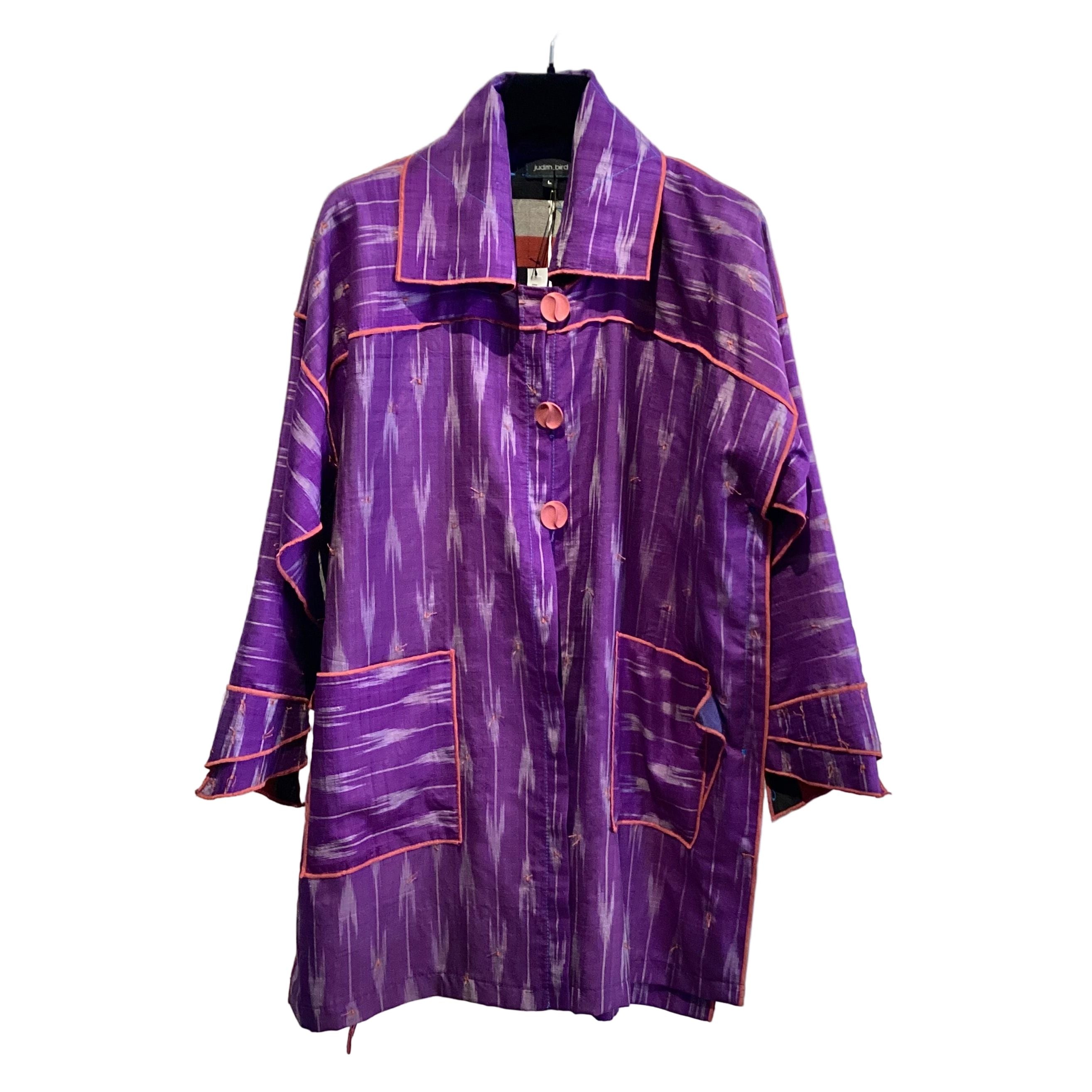 Judith Bird Coat, Purple Ikat III, Purple/Grey/Orange Trim, L