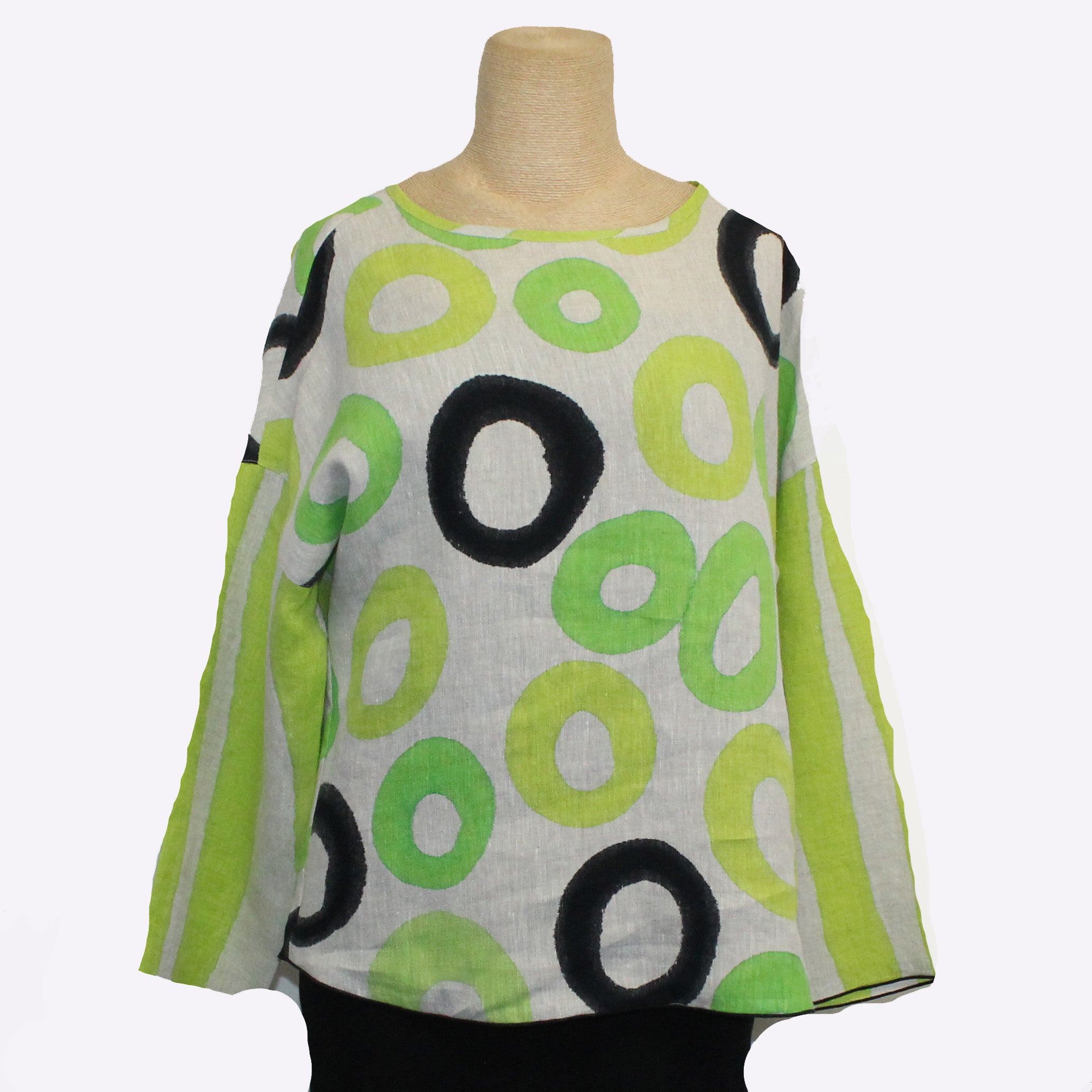 Kay Chapman Crop Top, Long Sleeve, Circles, Tan/Lime/Green, S