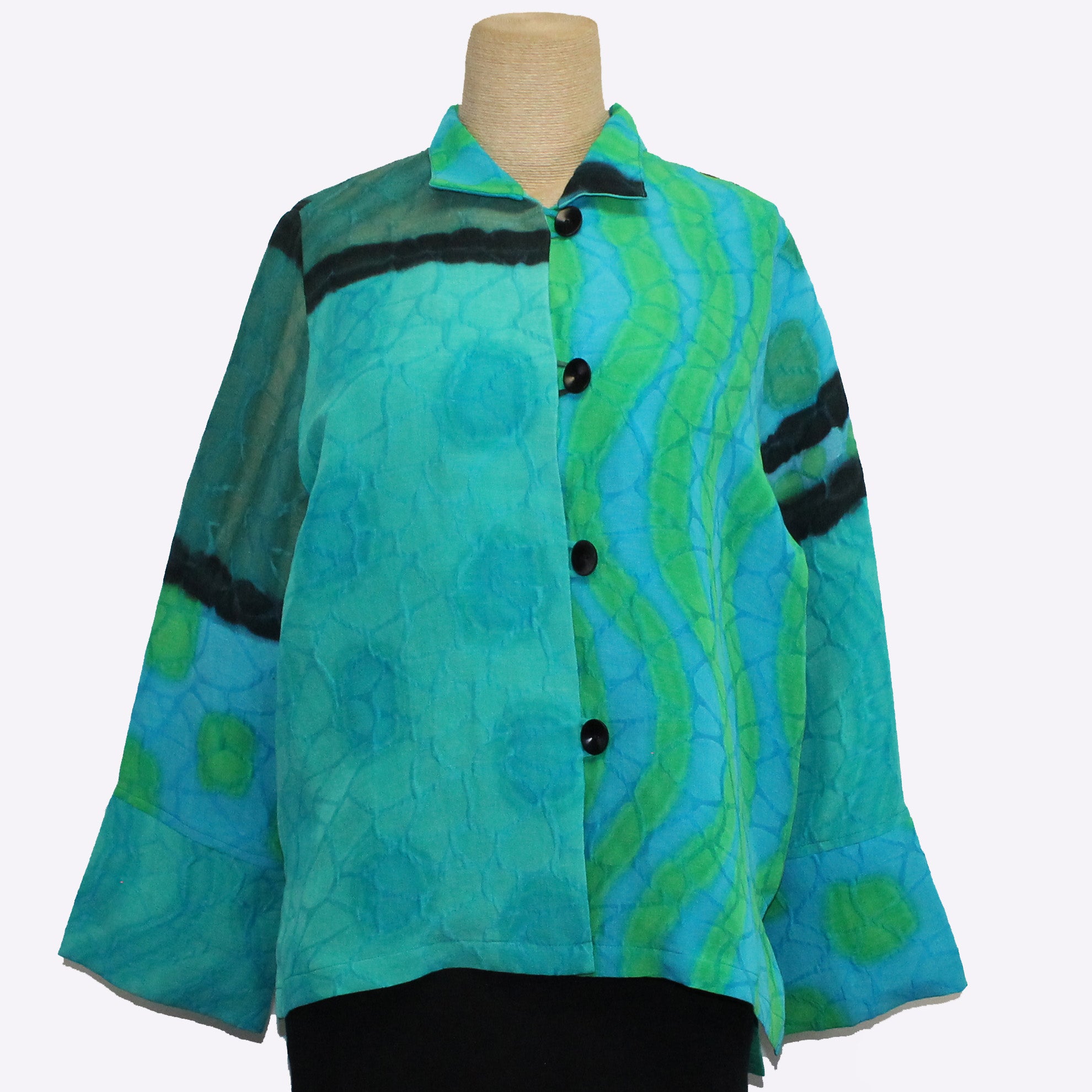 Kay Chapman Jacket, Loop Button, Patchwork, Turquoise/Sage/Green, S