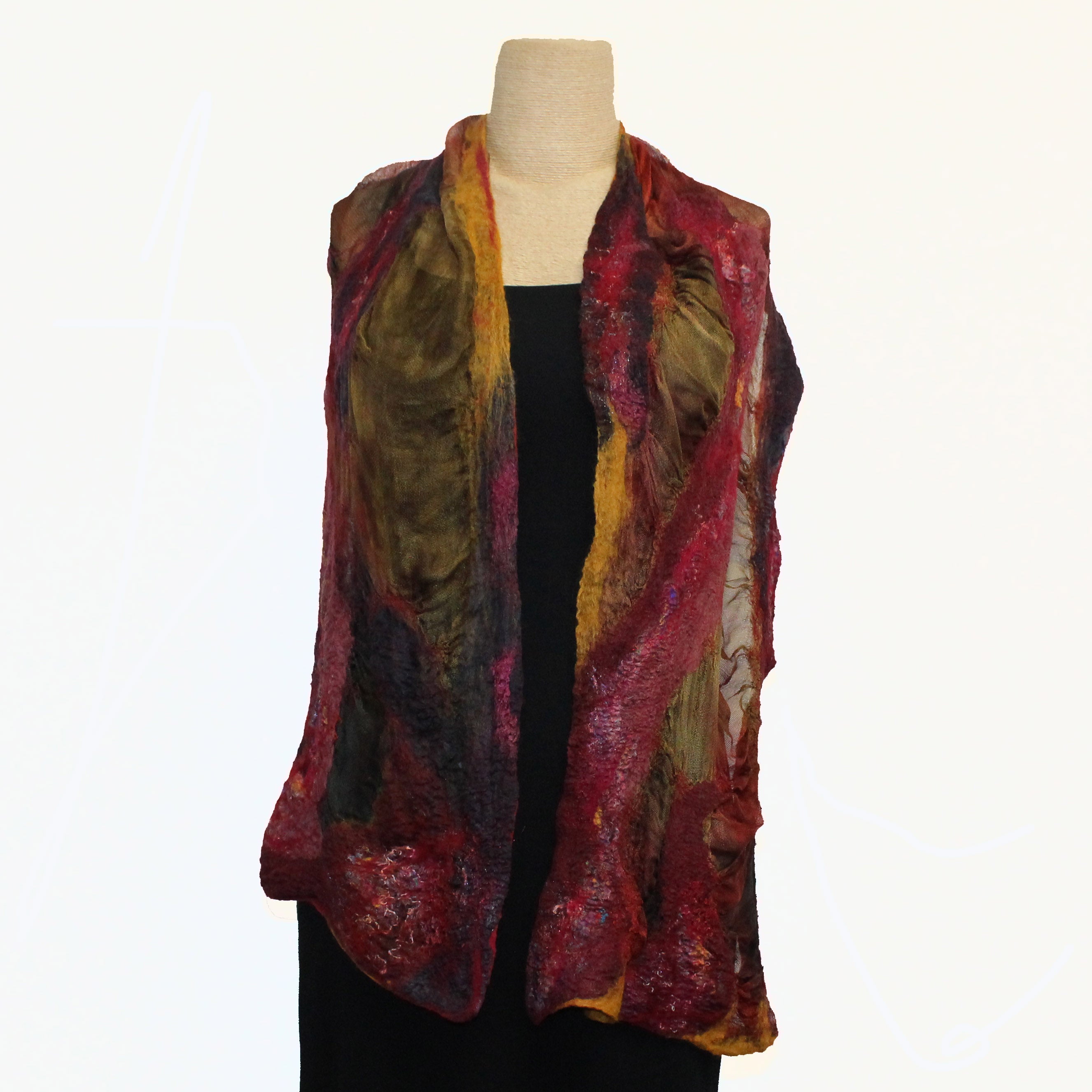 Lyndy Runyon Scarf, Nuno Felted, Red/Copper/Marigold/Black