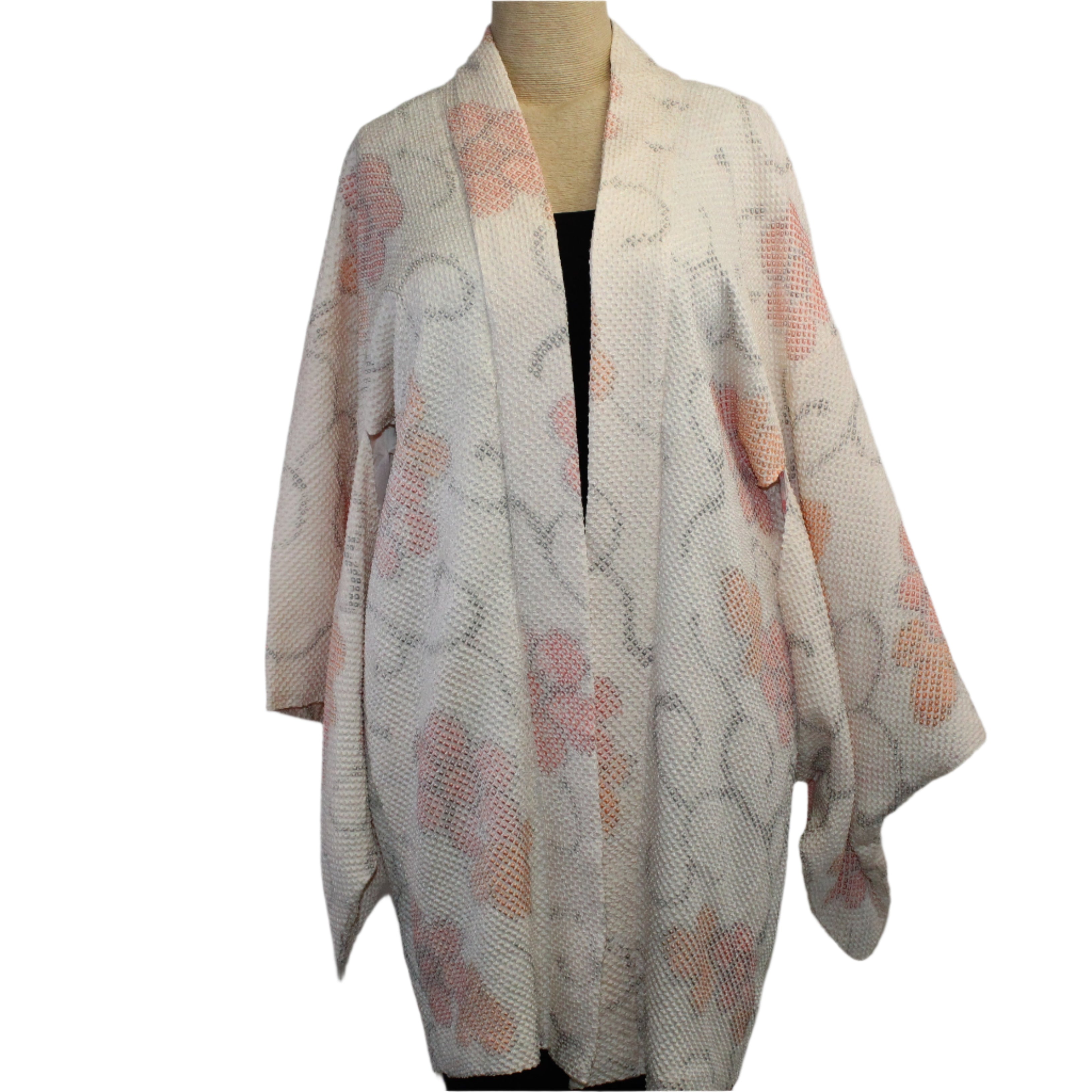 Vintage Silk Kimono, Shibori, Ivory/Peach/Tangerine, S/M