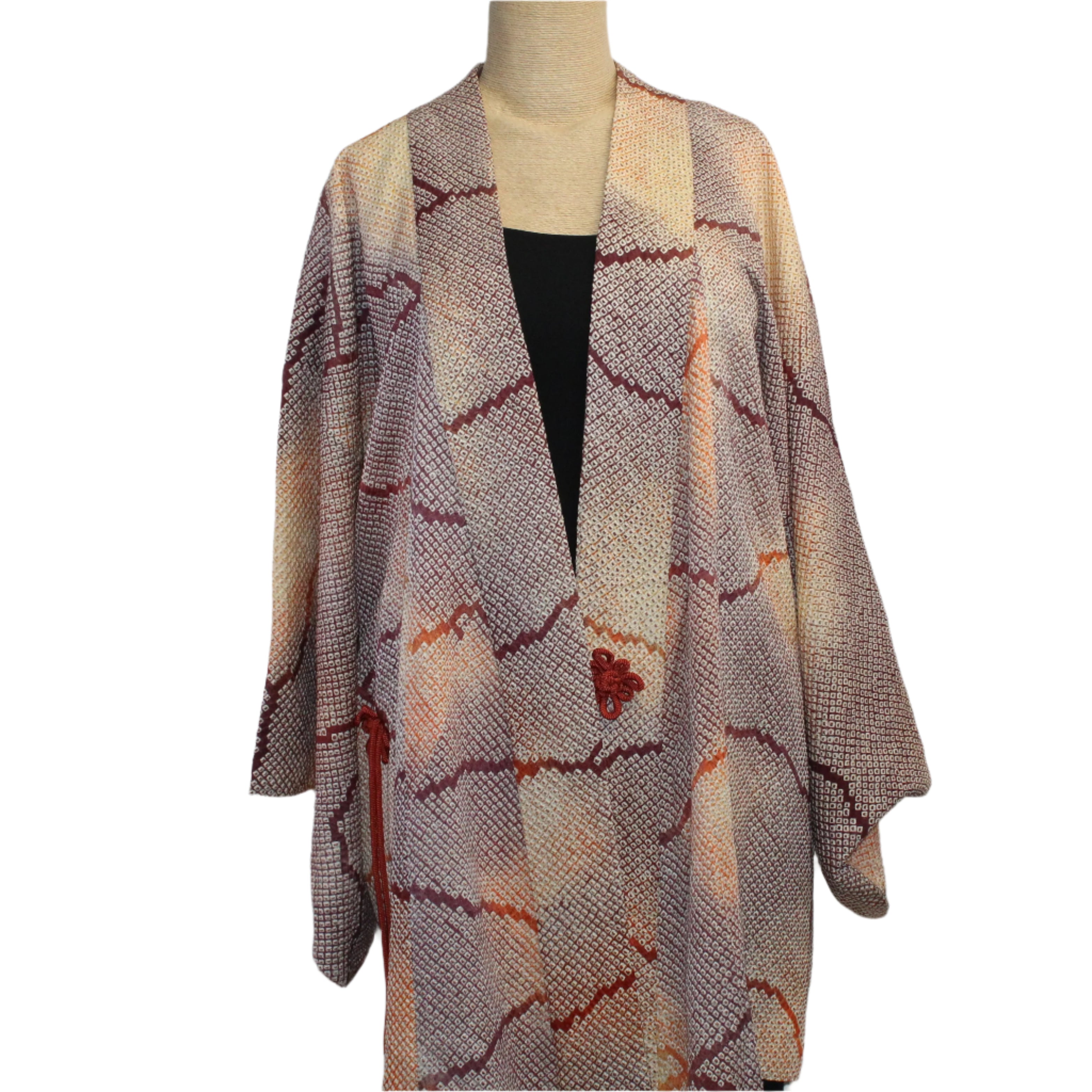 Vintage Silk Kimono, Shibori, Maroon/Gold/Peach, Fits M-XL