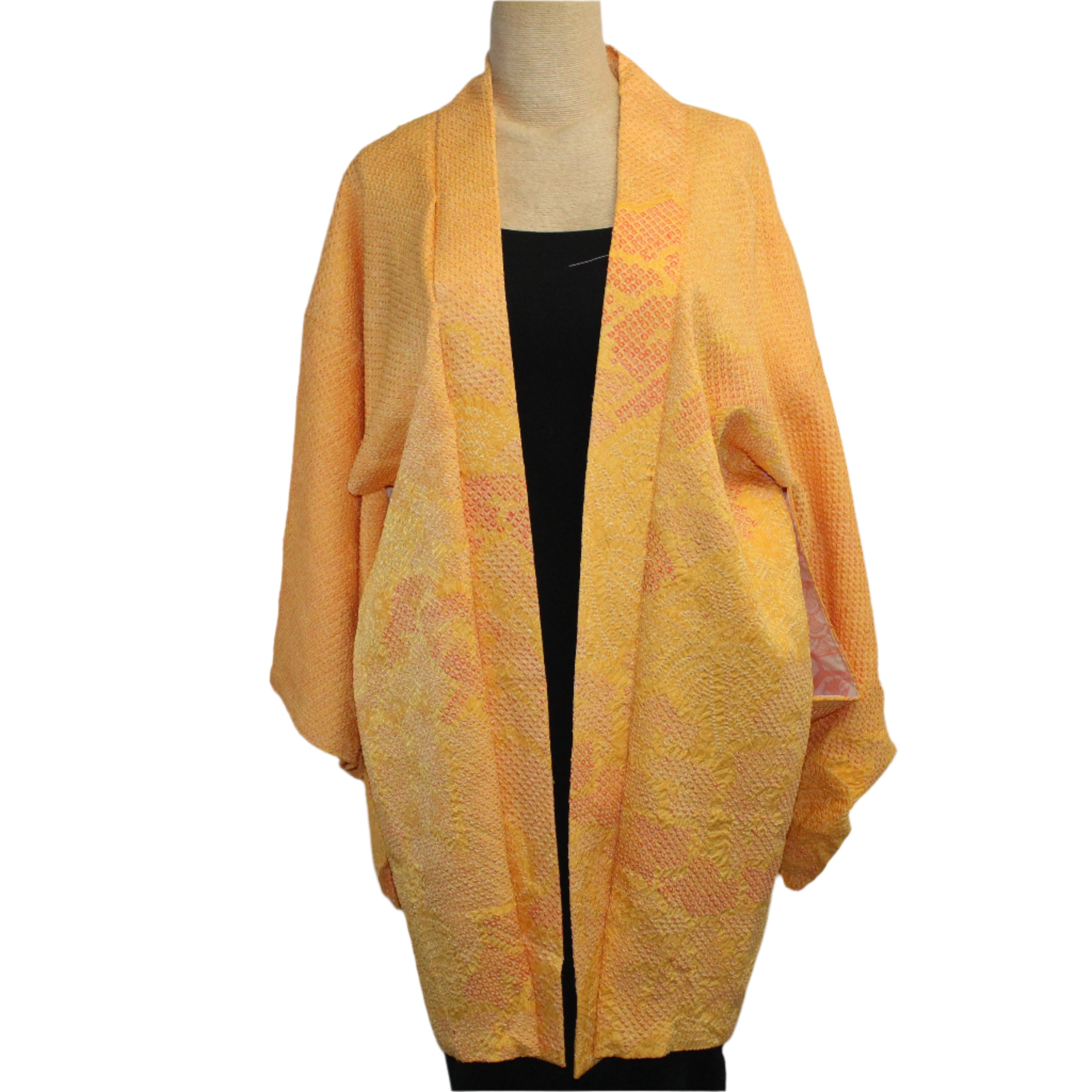 Vintage Silk Kimono, Shibori, Marigold, Fits S-L