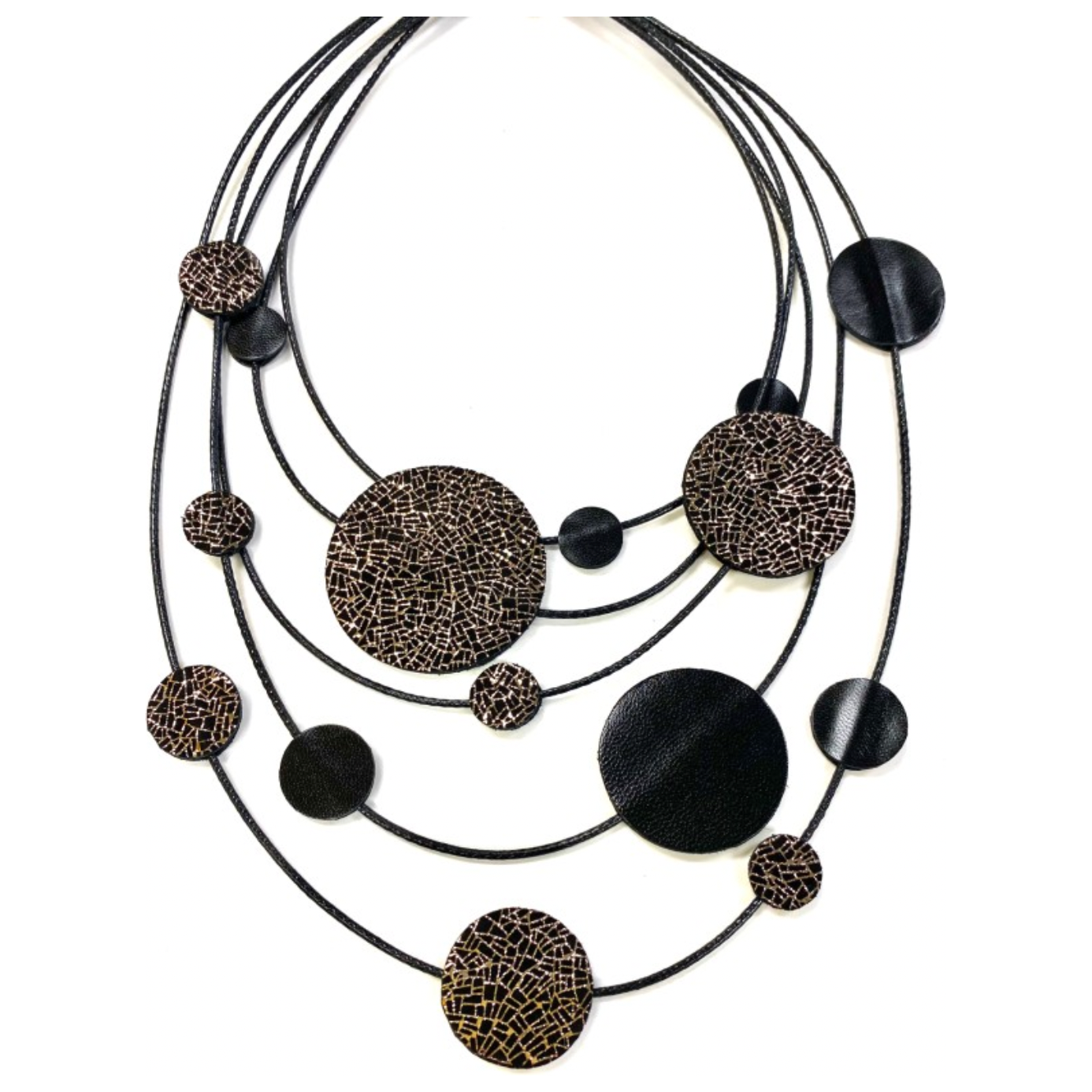 7PM Leather Jewels Necklace, Solar System, Black/Gold