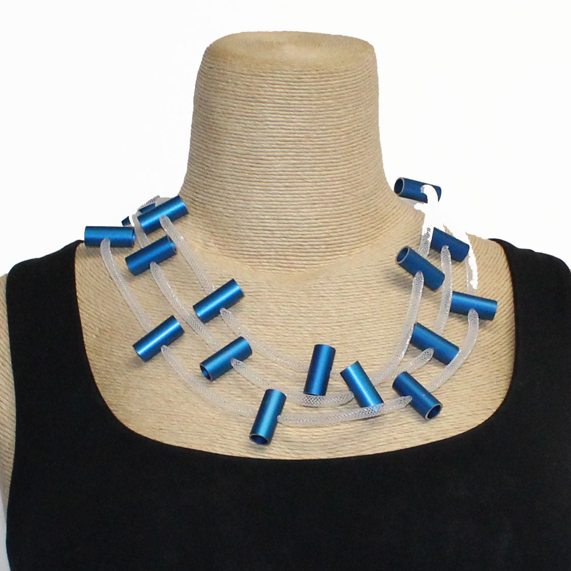 Christina Brampti Necklace, White Triple Cord, Blue Aluminum Tubing
